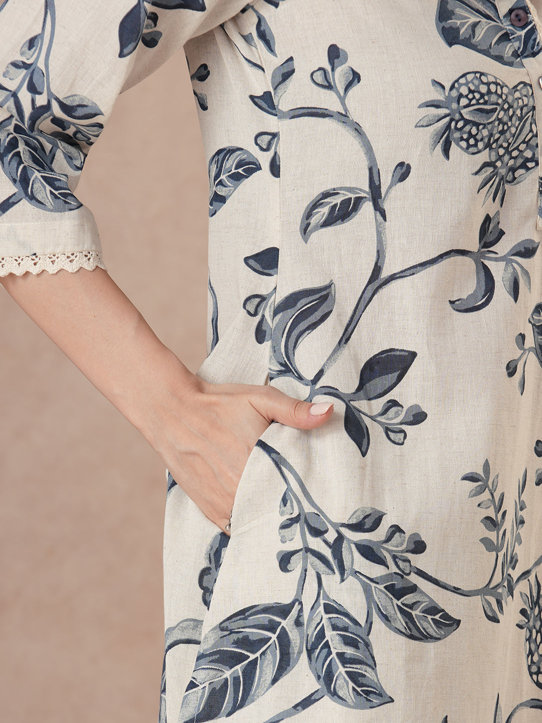 JOYLAND - A-Line Cotton Flex Kurta with Botanical Print, Lace Accents and Bell Sleeves