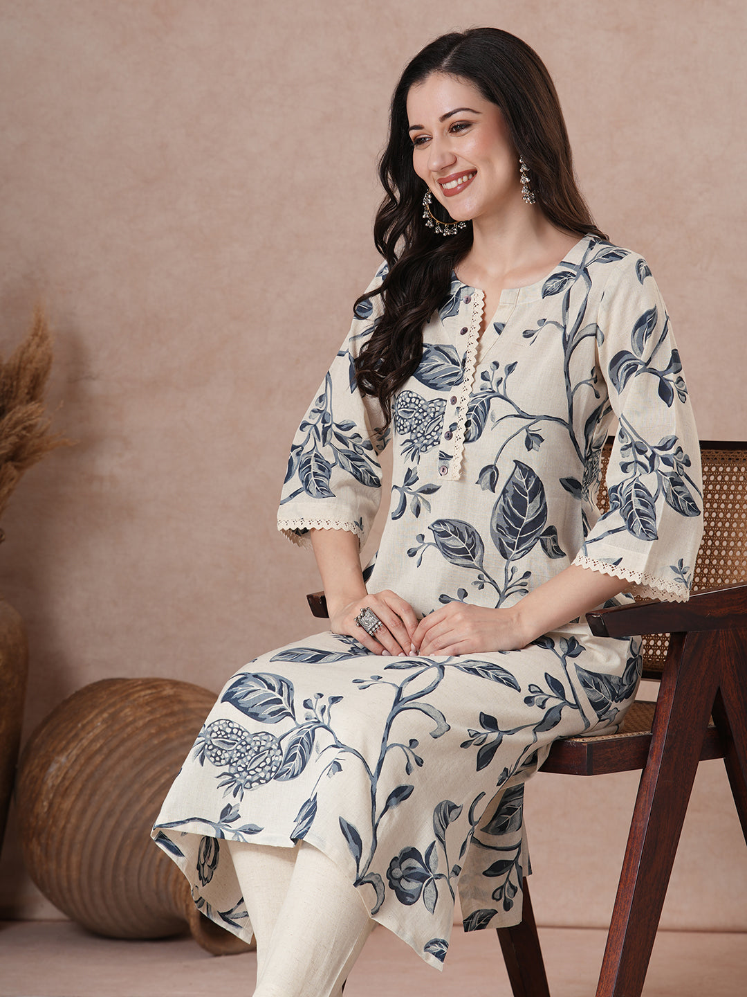 JOYLAND - A-Line Cotton Flex Kurta with Botanical Print, Lace Accents and Bell Sleeves