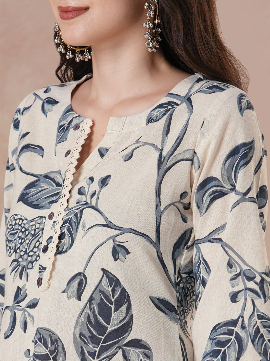 JOYLAND - A-Line Cotton Flex Kurta with Botanical Print, Lace Accents and Bell Sleeves