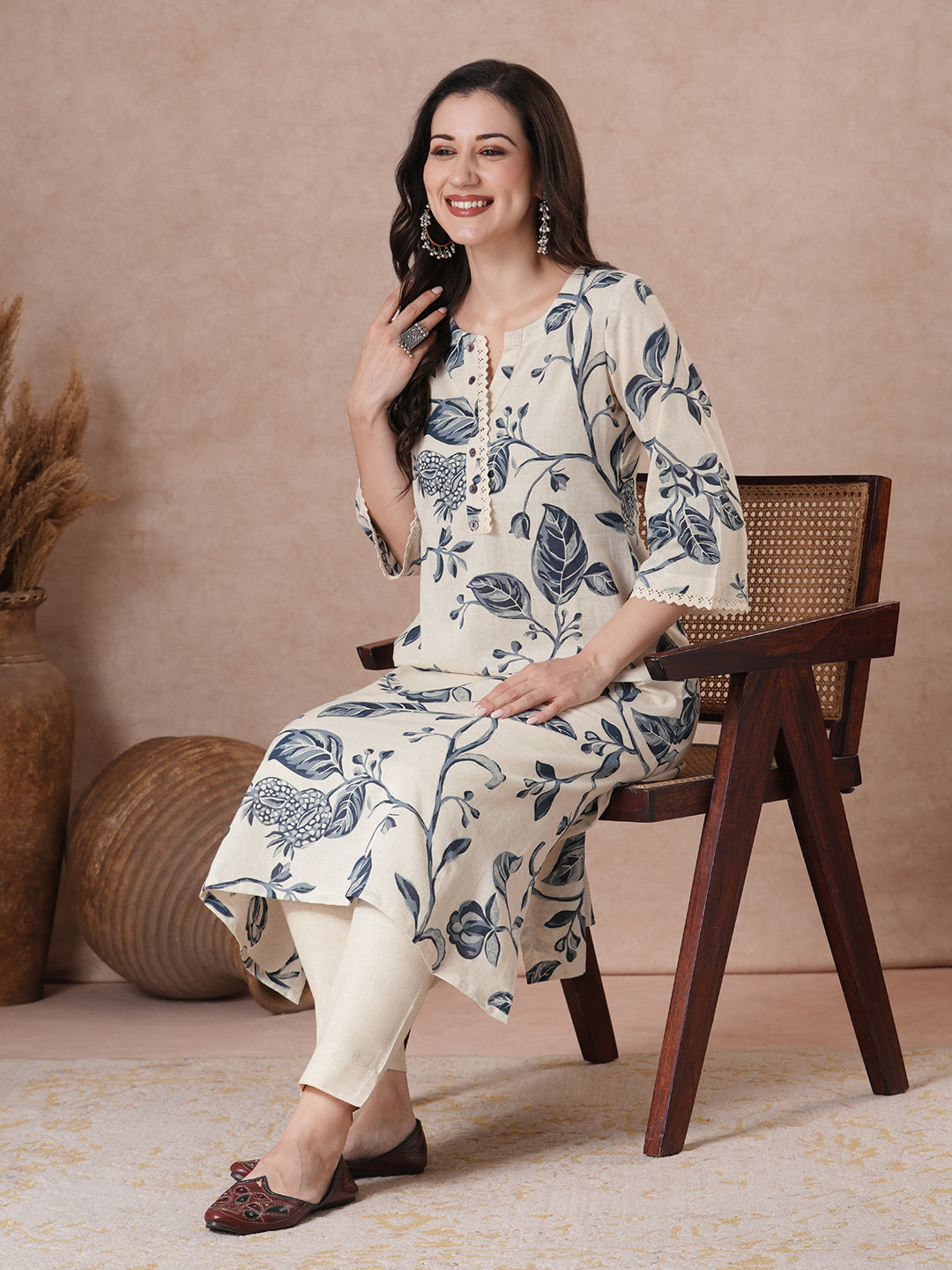 JOYLAND - A-Line Cotton Flex Kurta with Botanical Print, Lace Accents and Bell Sleeves