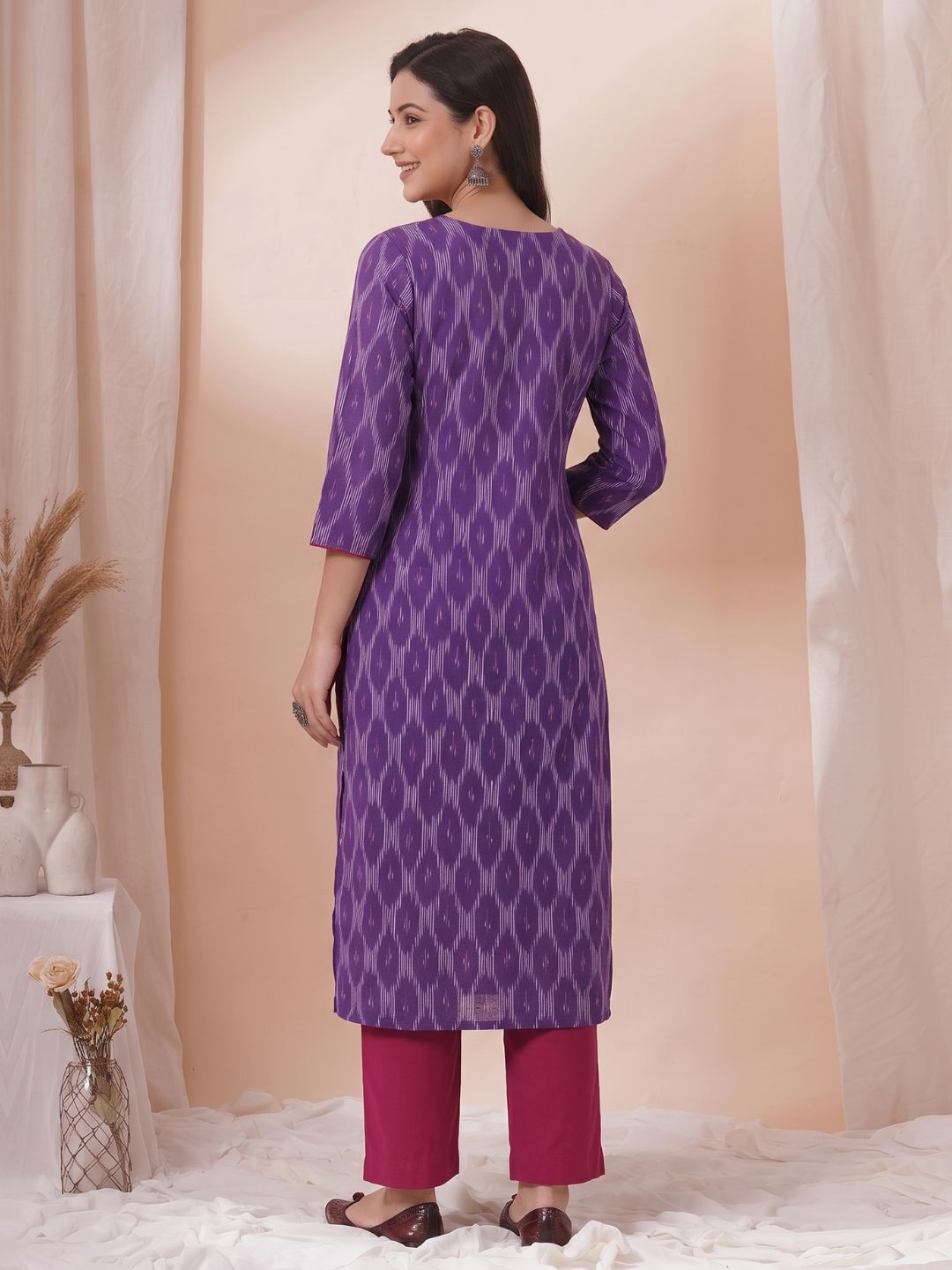 Ikat Straight Fit Kurta with Princess Panels, Piping & elegant handwork detailing.