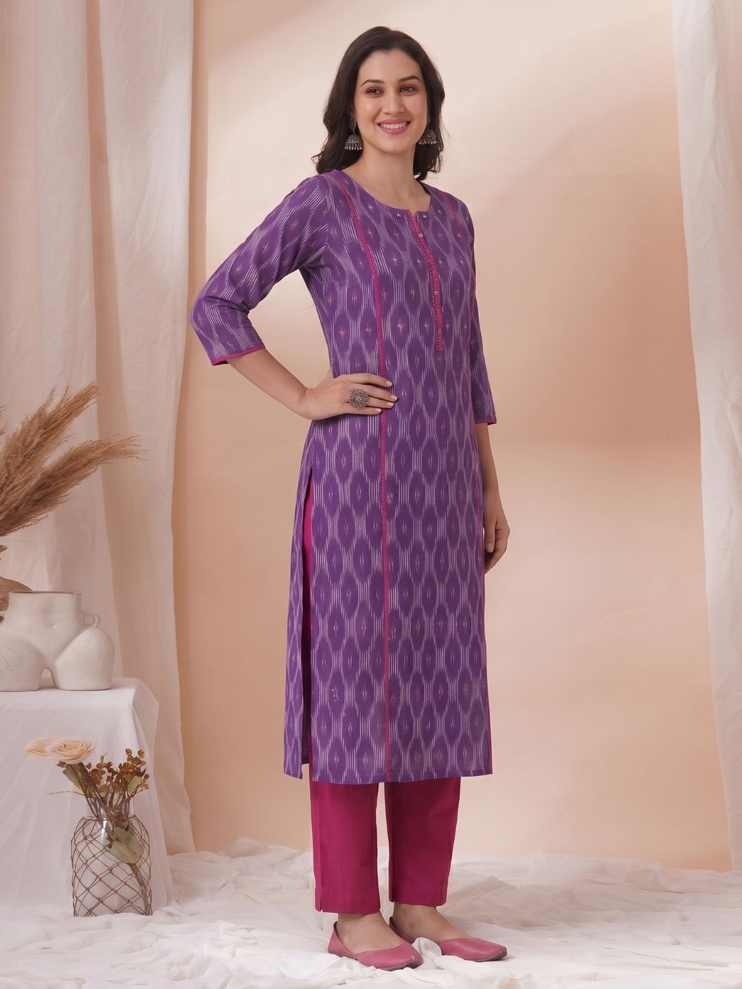 Ikat Straight Fit Kurta with Princess Panels, Piping & elegant handwork detailing.