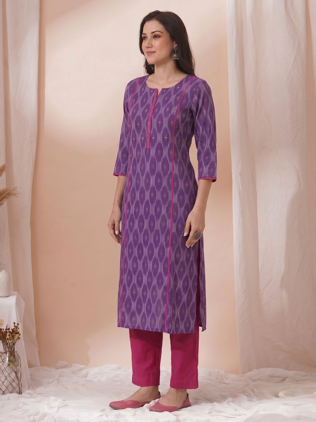 Ikat Straight Fit Kurta with Princess Panels, Piping & elegant handwork detailing.