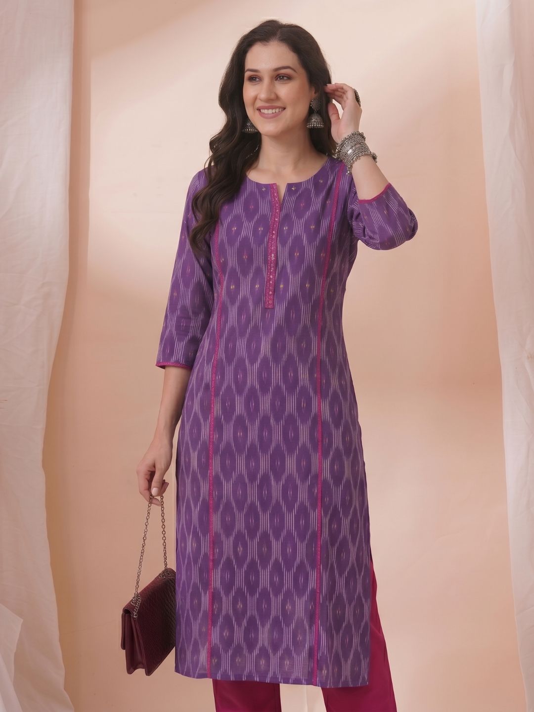 Ikat Straight Fit Kurta with Princess Panels, Piping & elegant handwork detailing.