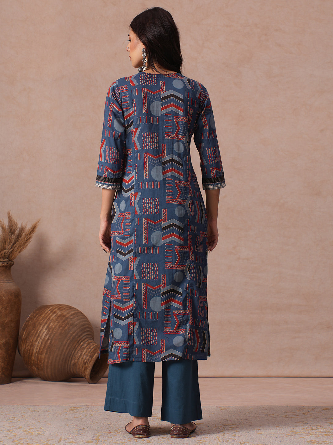 Straight Fit Cotton Kurta in Woven Stripe Detailing with Block Print & Handwork Detail.