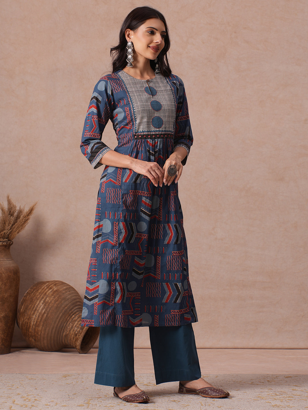 Straight Fit Cotton Kurta in Woven Stripe Detailing with Block Print & Handwork Detail.
