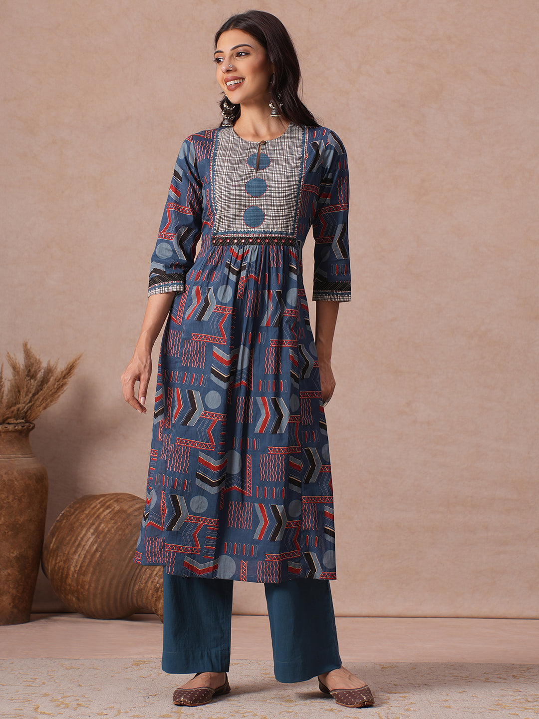Straight Fit Cotton Kurta in Woven Stripe Detailing with Block Print & Handwork Detail.