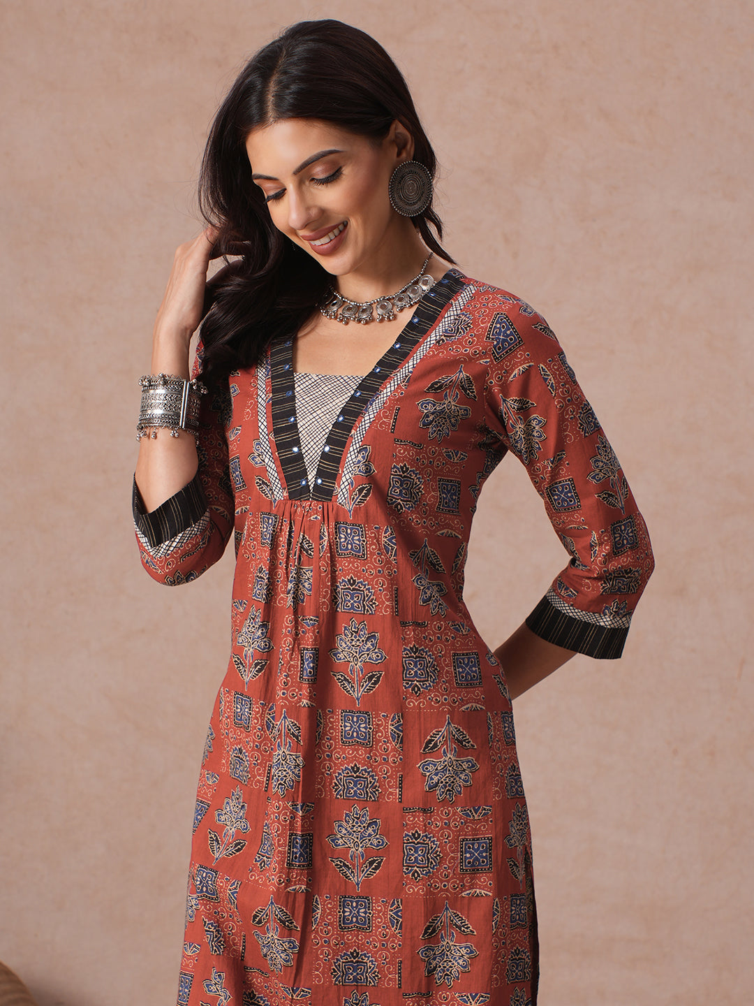 Cotton Straight Fit Kurta with Handblock Print, Mirror Handwork & Stripe Trim.