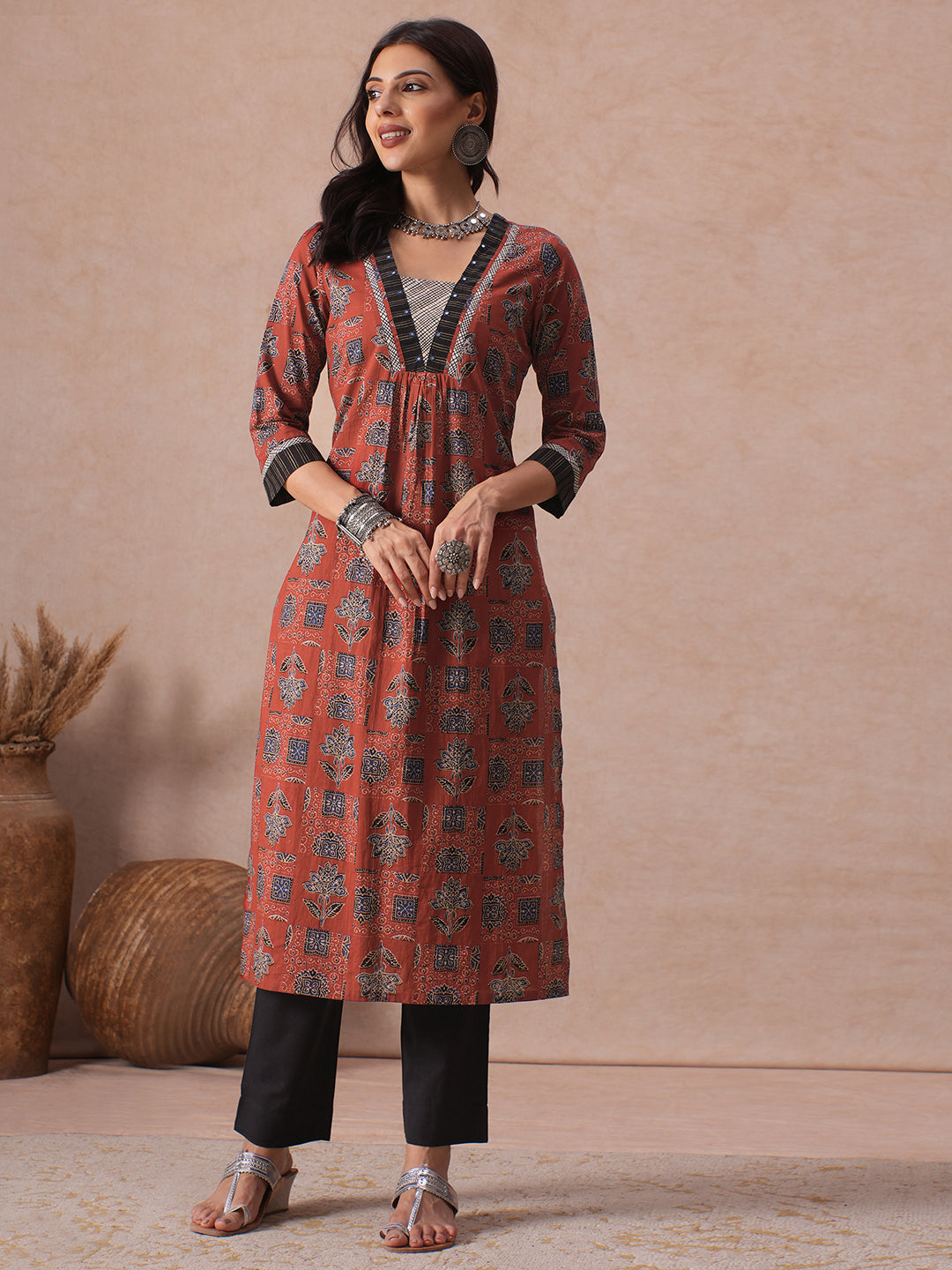 Cotton Straight Fit Kurta with Handblock Print, Mirror Handwork & Stripe Trim.