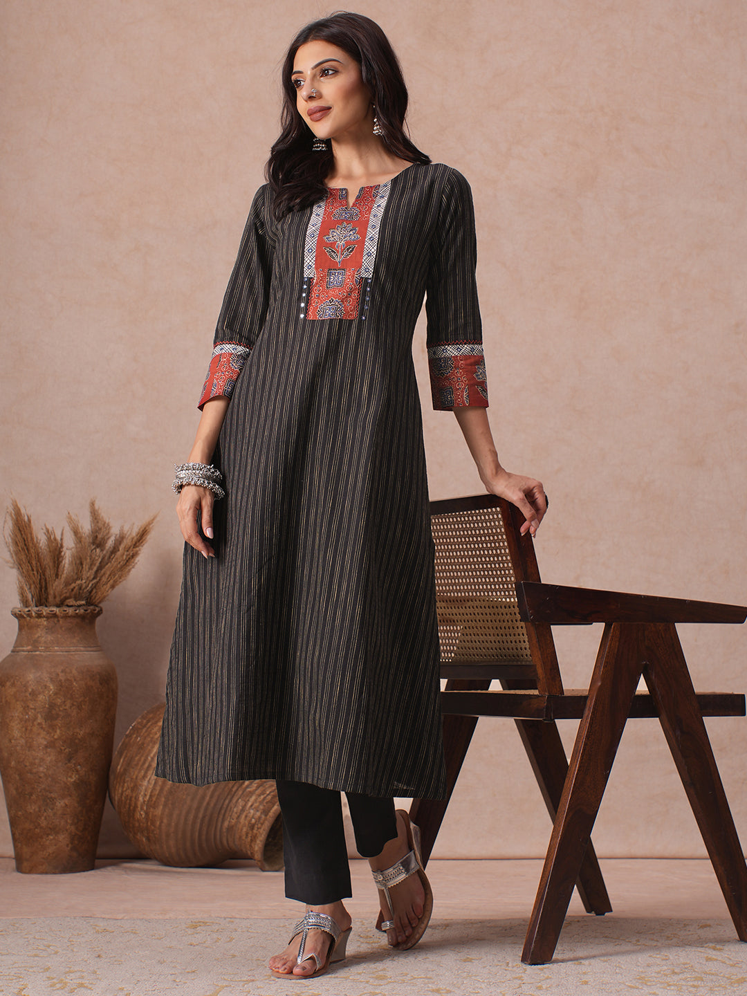 A-Line Woven Kurta with Printed Yoke, Cuffs, Checks Trim and Handwork Detail.
