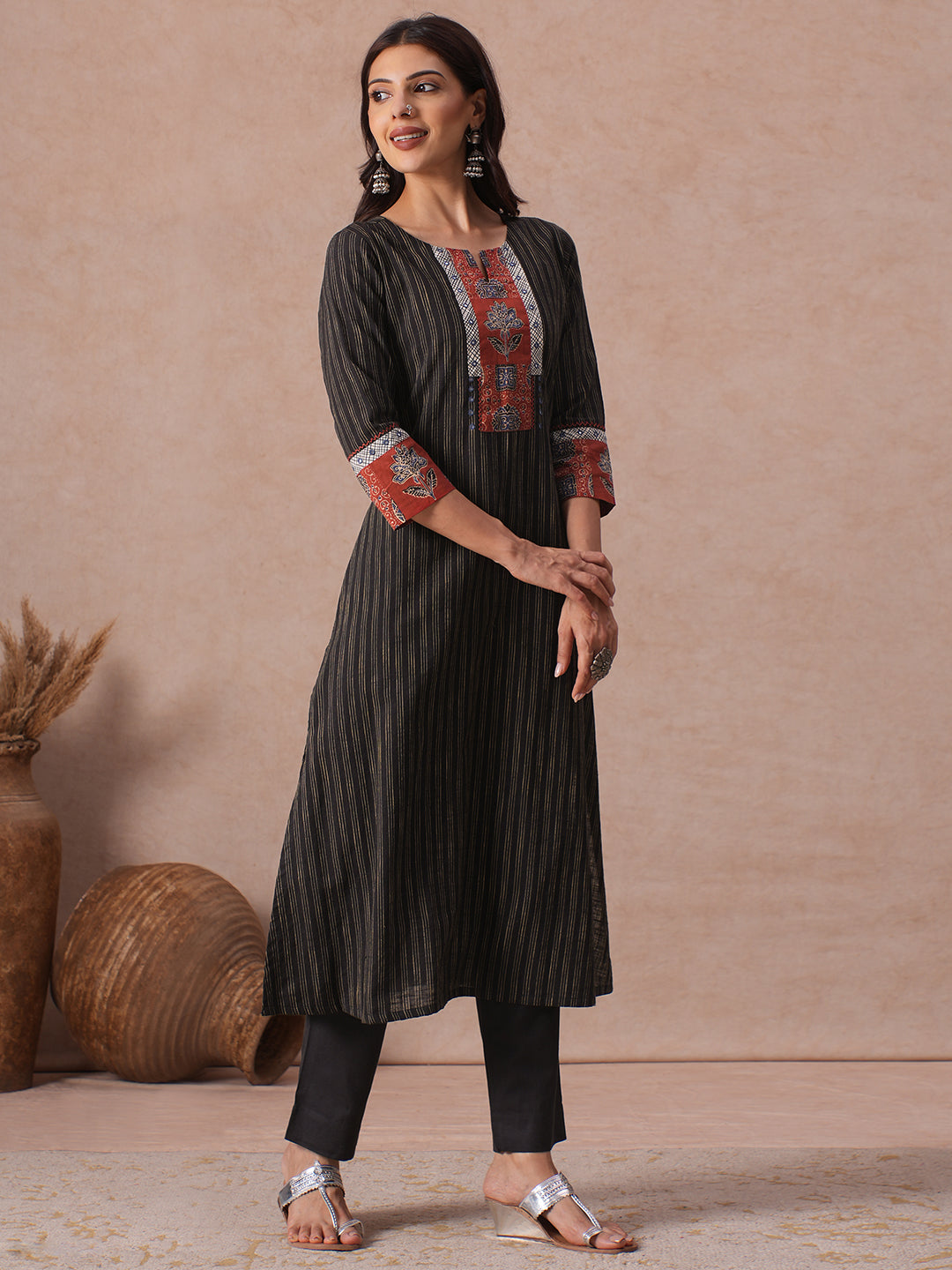 A-Line Woven Kurta with Printed Yoke, Cuffs, Checks Trim and Handwork Detail.