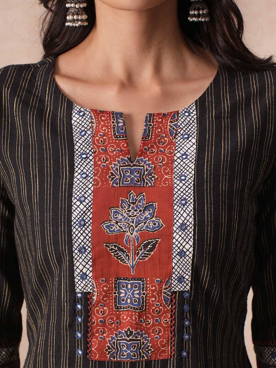 A-Line Woven Kurta with Printed Yoke, Cuffs, Checks Trim and Handwork Detail.