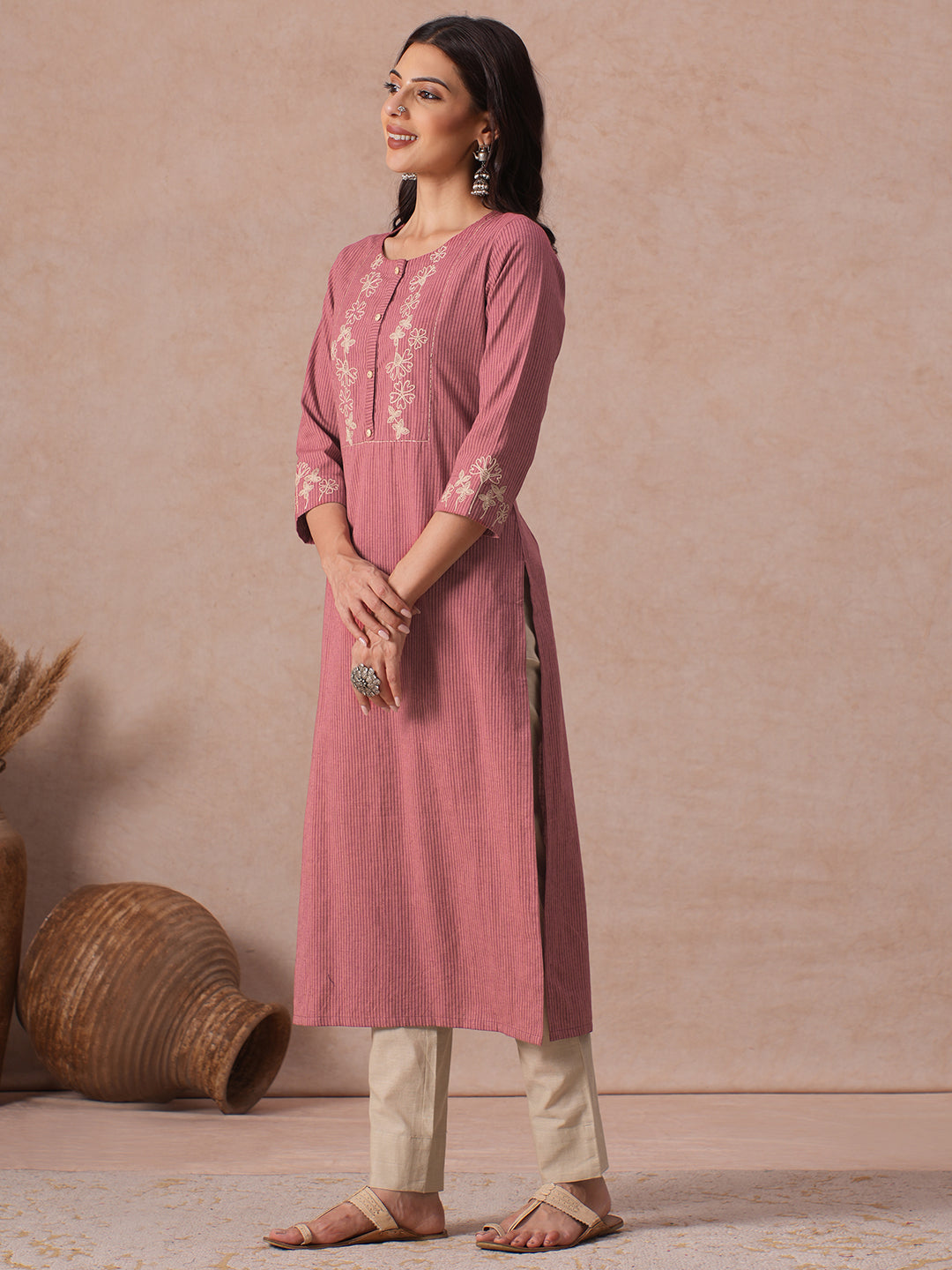 Straight Fit Cotton Kurta with Cordwork Floral Embroidery on Yoke and Sleeves.