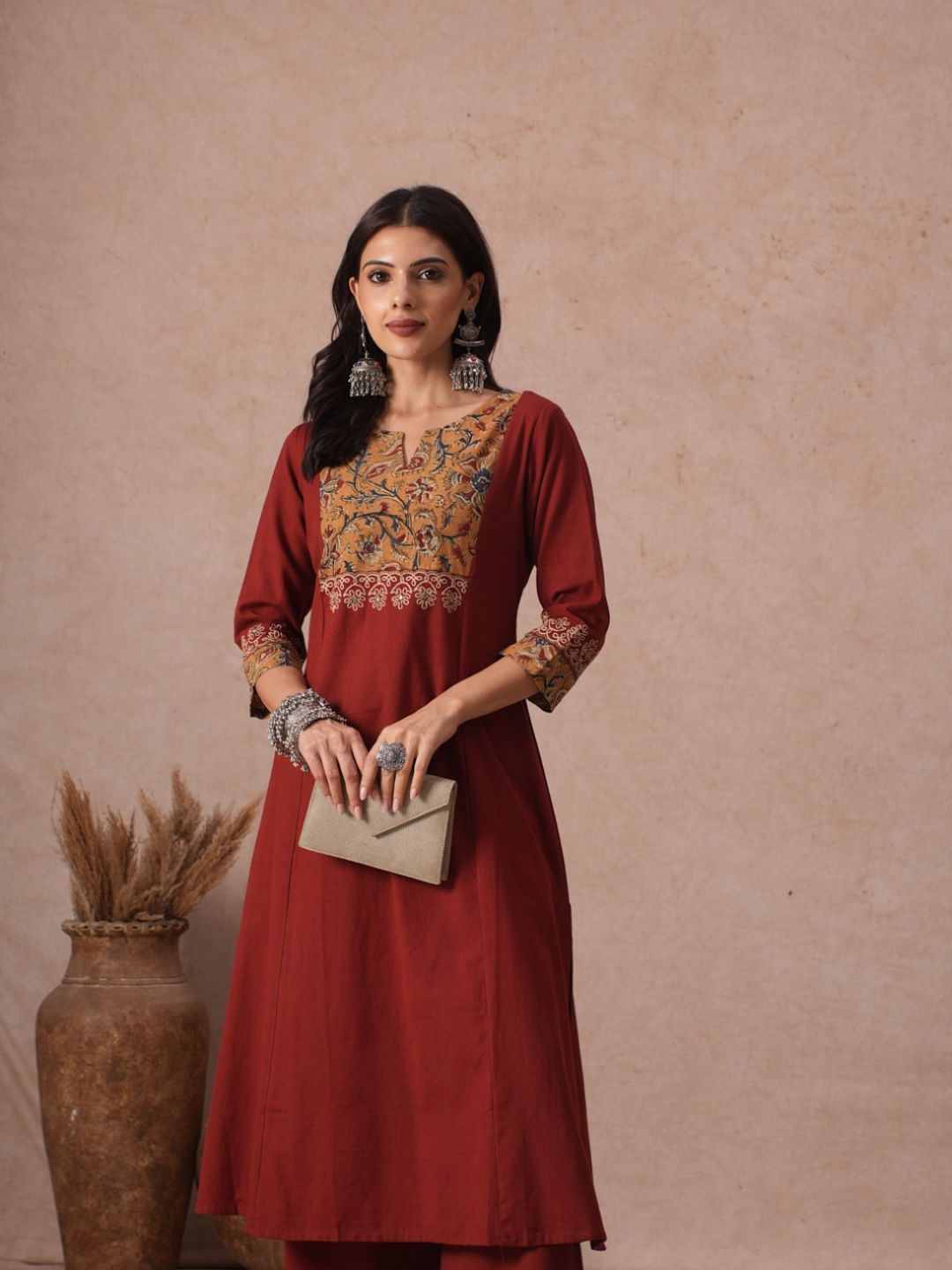 A-Line Cotton Kurta with Kalamkari Cutwork Yoke, Cuffs and Cordwork Detail.