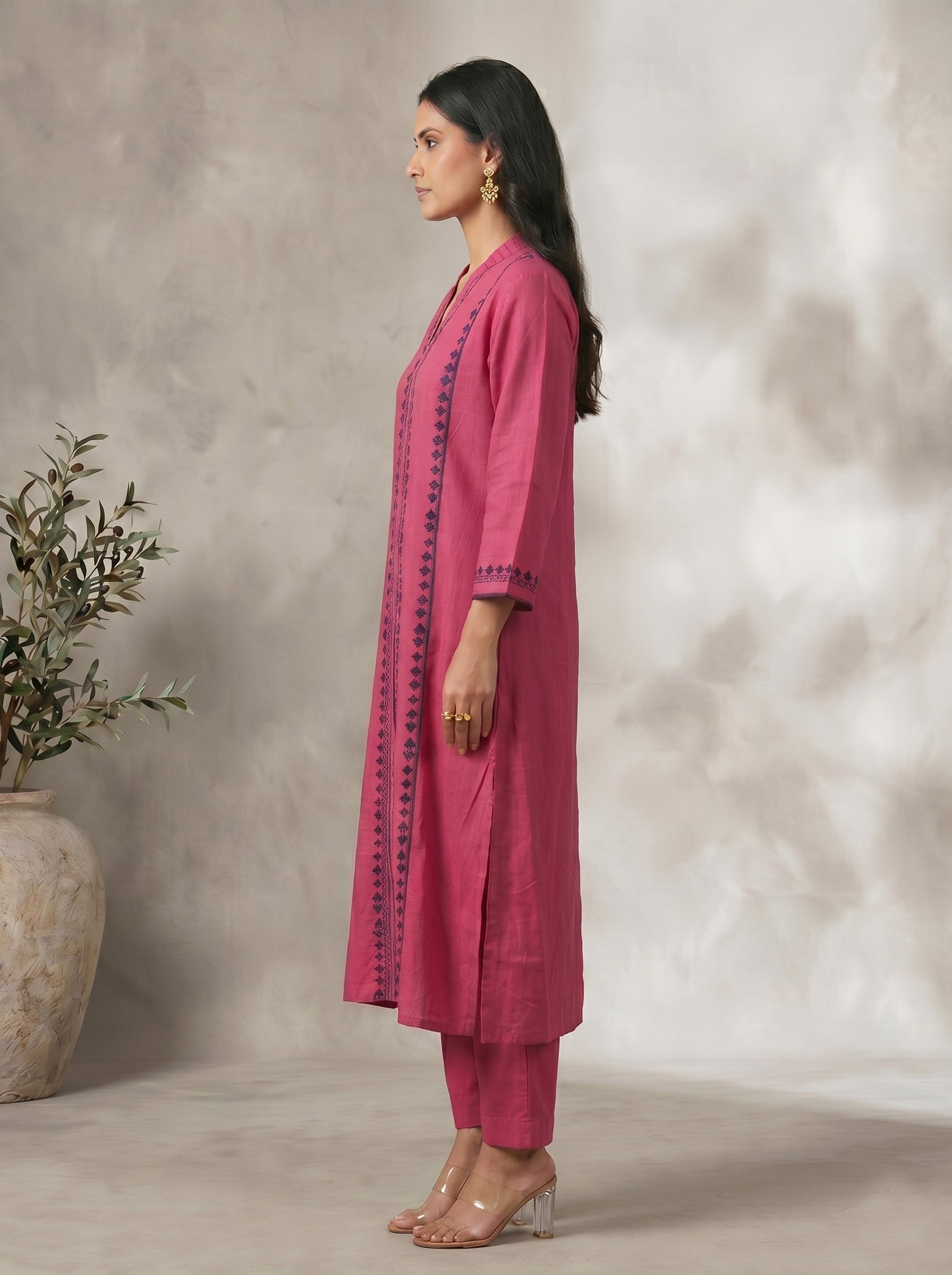Solid Pink Embroidered V-Neck Kurta Set with Matching Straight Pants and Elegant Detailing.