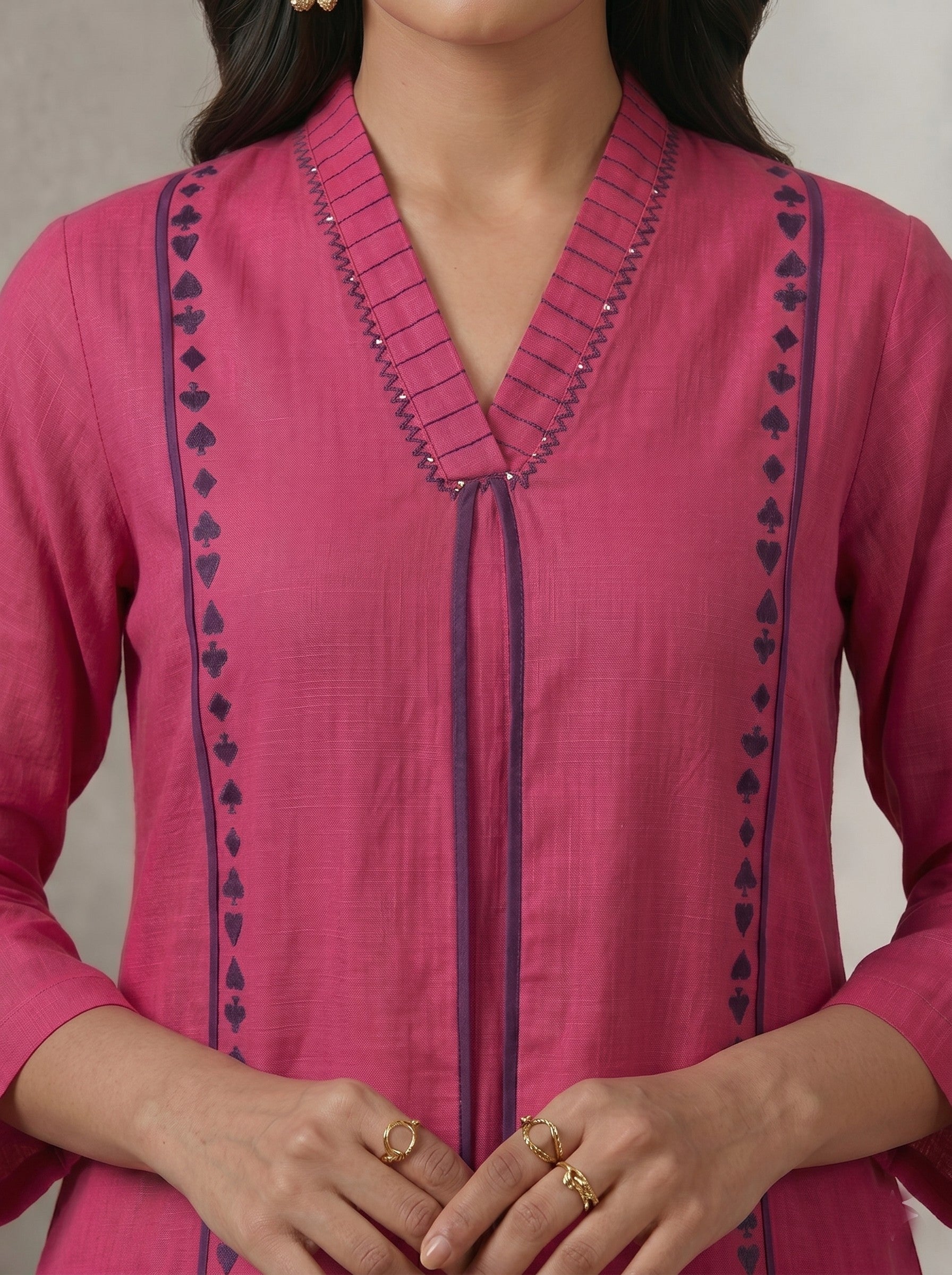 Solid Pink Embroidered V-Neck Kurta Set with Matching Straight Pants and Elegant Detailing.