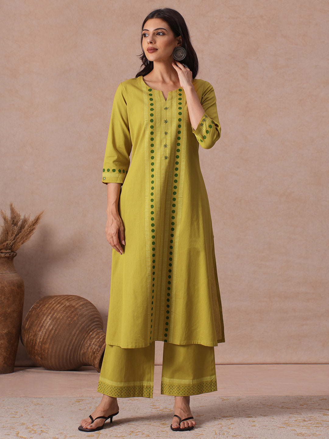 A-Line Cotton Flex Kurta Set with Hand Block Print, Mirror Work & Matching Palazoo.