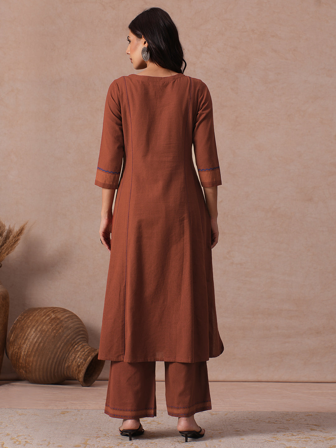 Pocketed A-Line Cotton Flex Kurta set with Block Print and Handwork Paired with Palazoo.