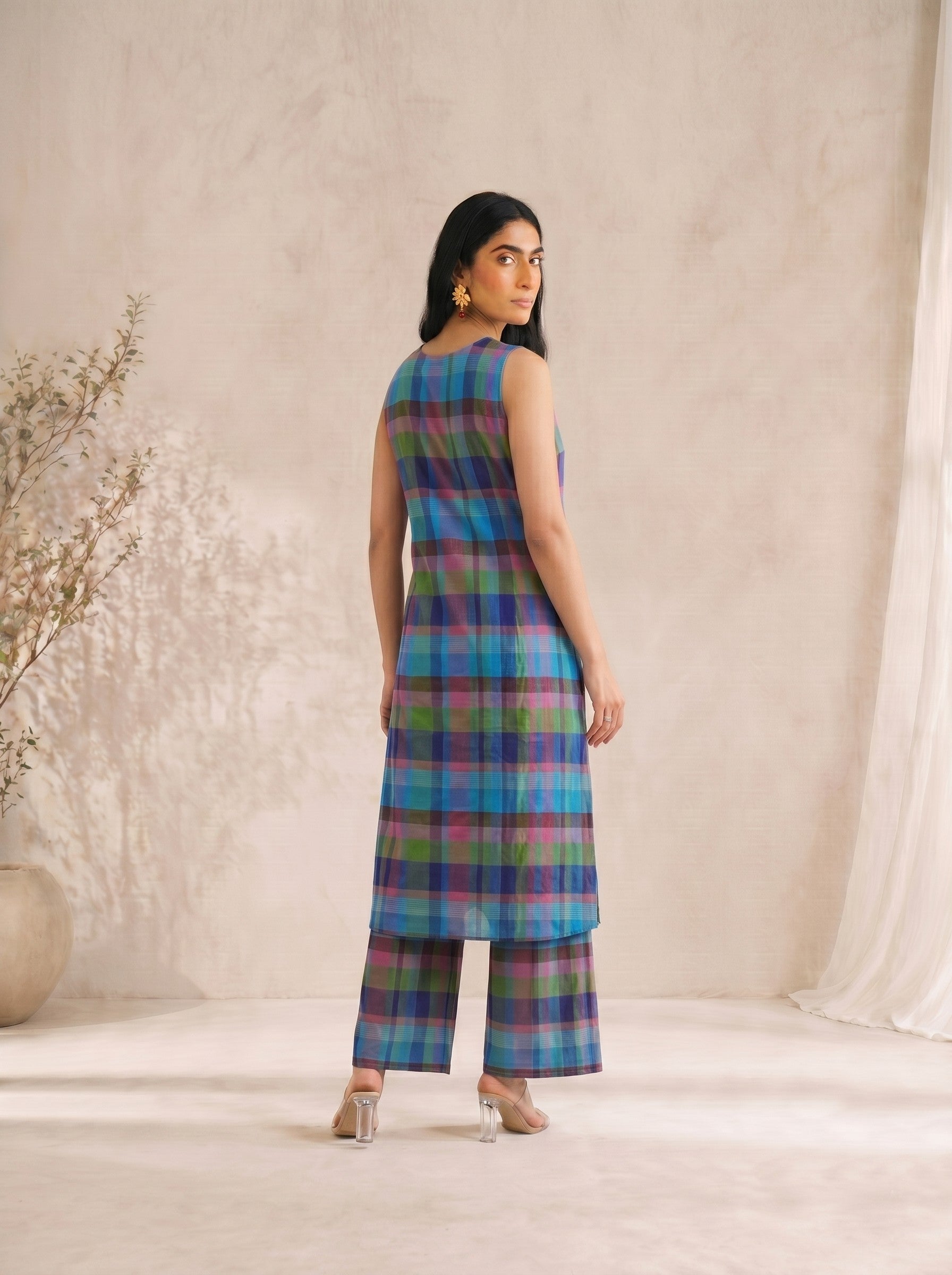 JOYLAND - Sleeveless Multicolor Checked Kurta Palazzo Set with Floral Embroidery Detail.
