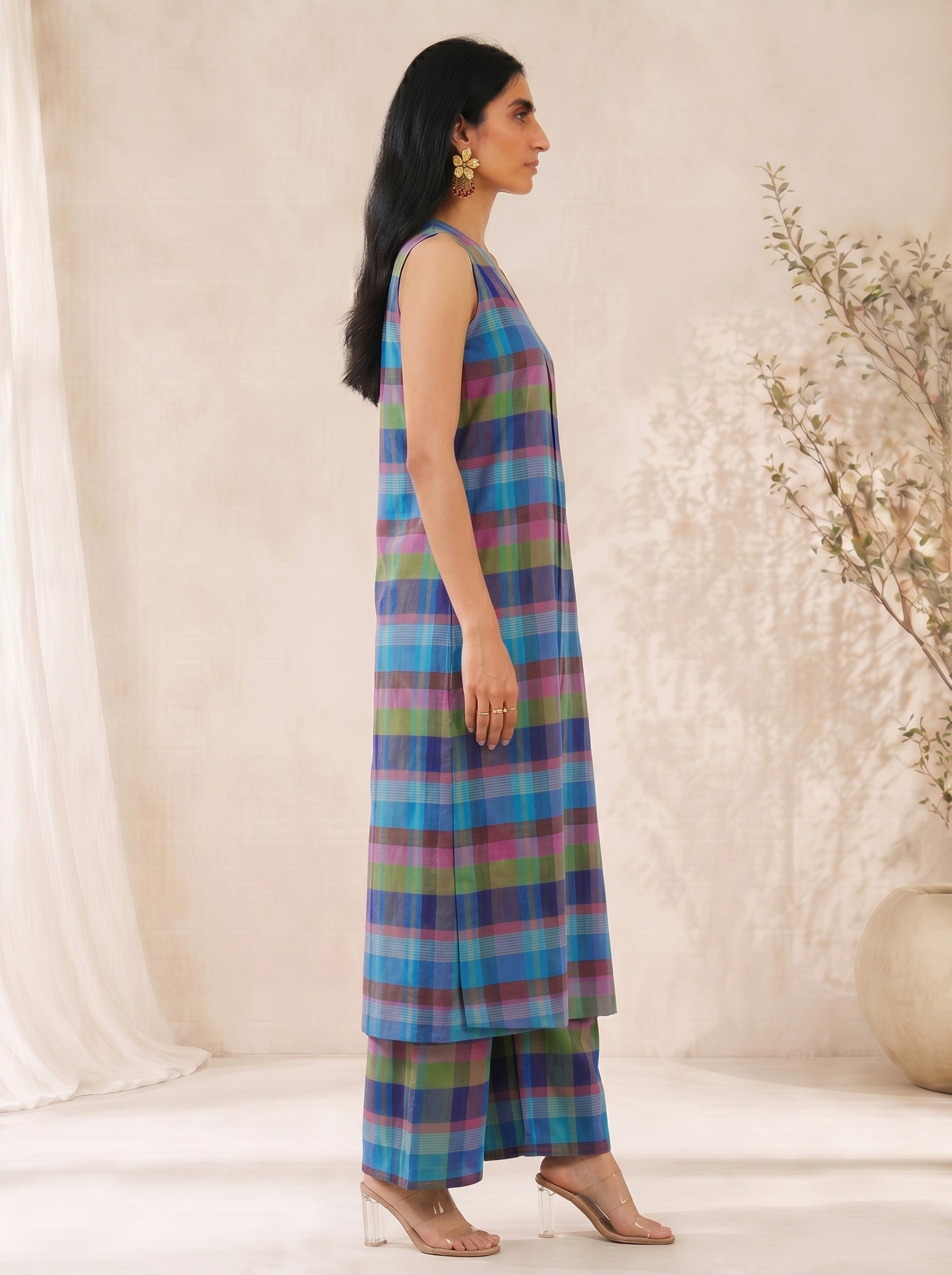 JOYLAND - Sleeveless Multicolor Checked Kurta Palazzo Set with Floral Embroidery Detail.