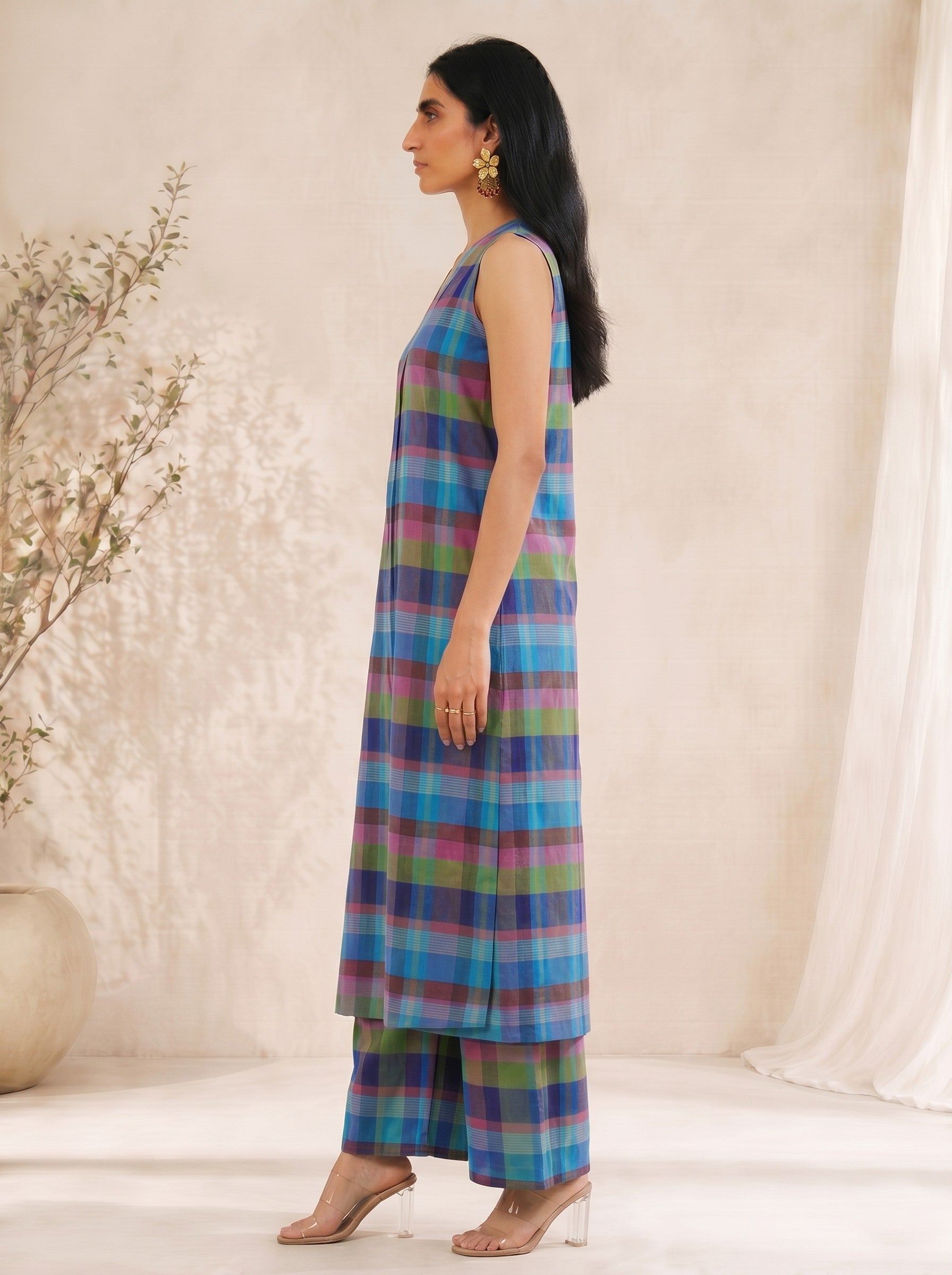 JOYLAND - Sleeveless Multicolor Checked Kurta Palazzo Set with Floral Embroidery Detail.
