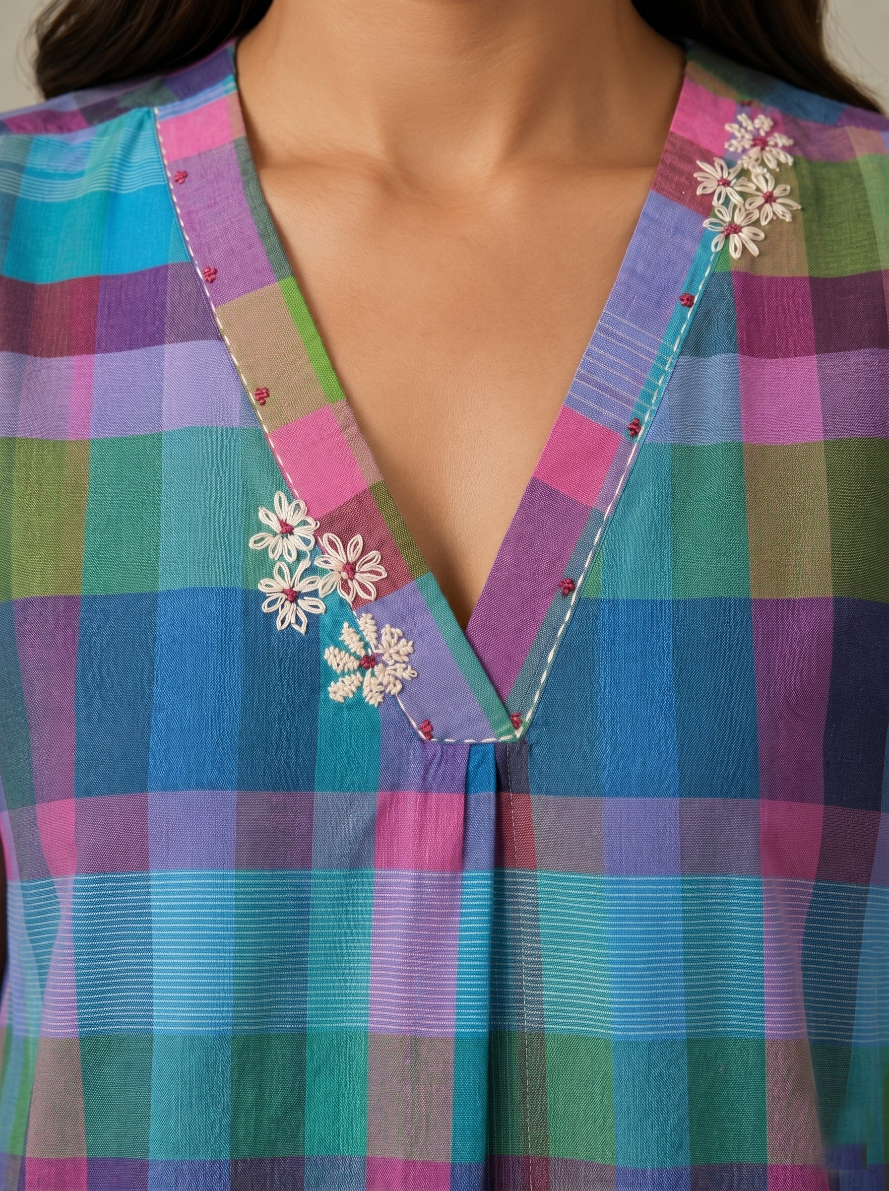 JOYLAND - Sleeveless Multicolor Checked Kurta Palazzo Set with Floral Embroidery Detail.