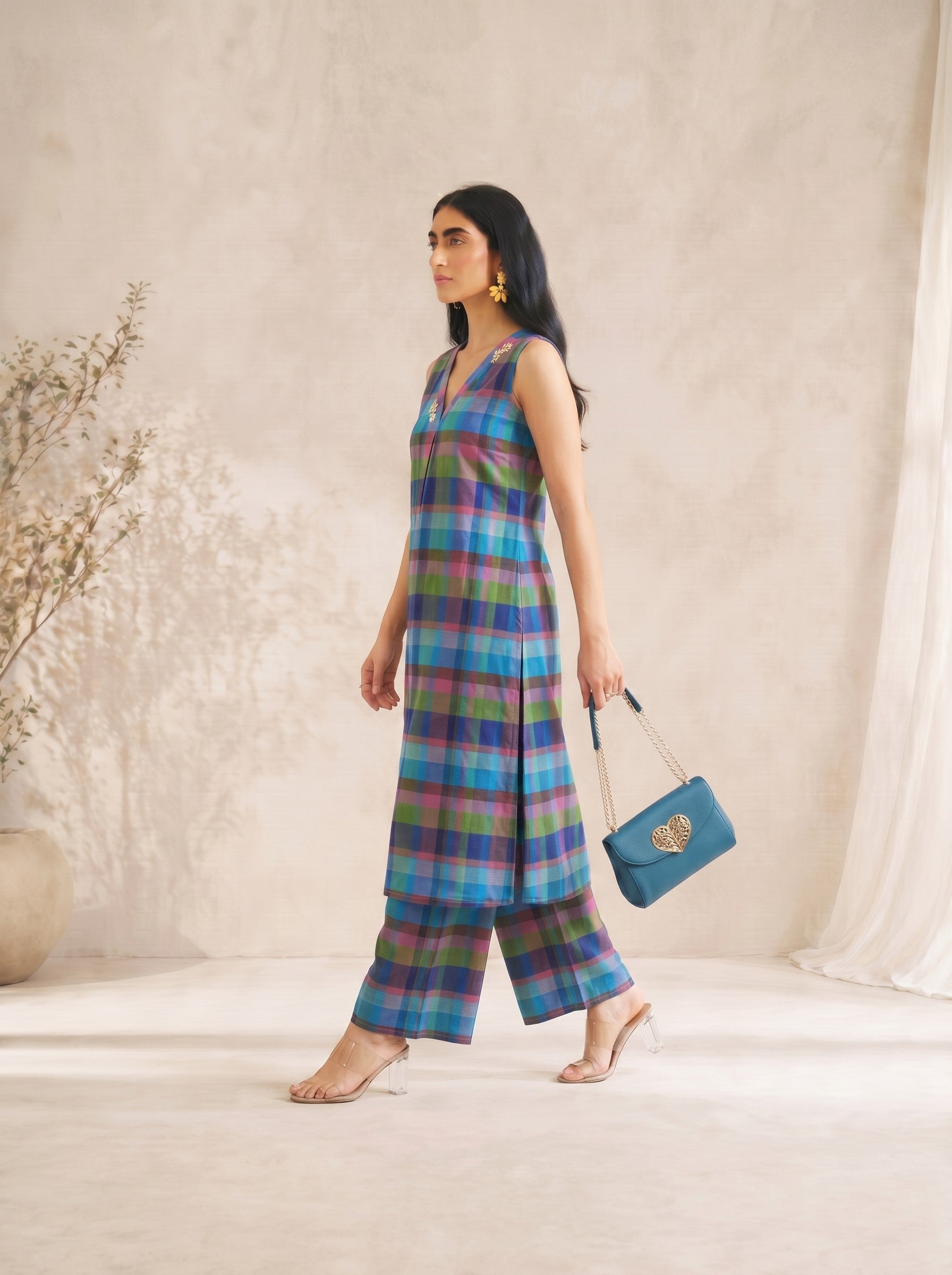 JOYLAND - Sleeveless Multicolor Checked Kurta Palazzo Set with Floral Embroidery Detail.