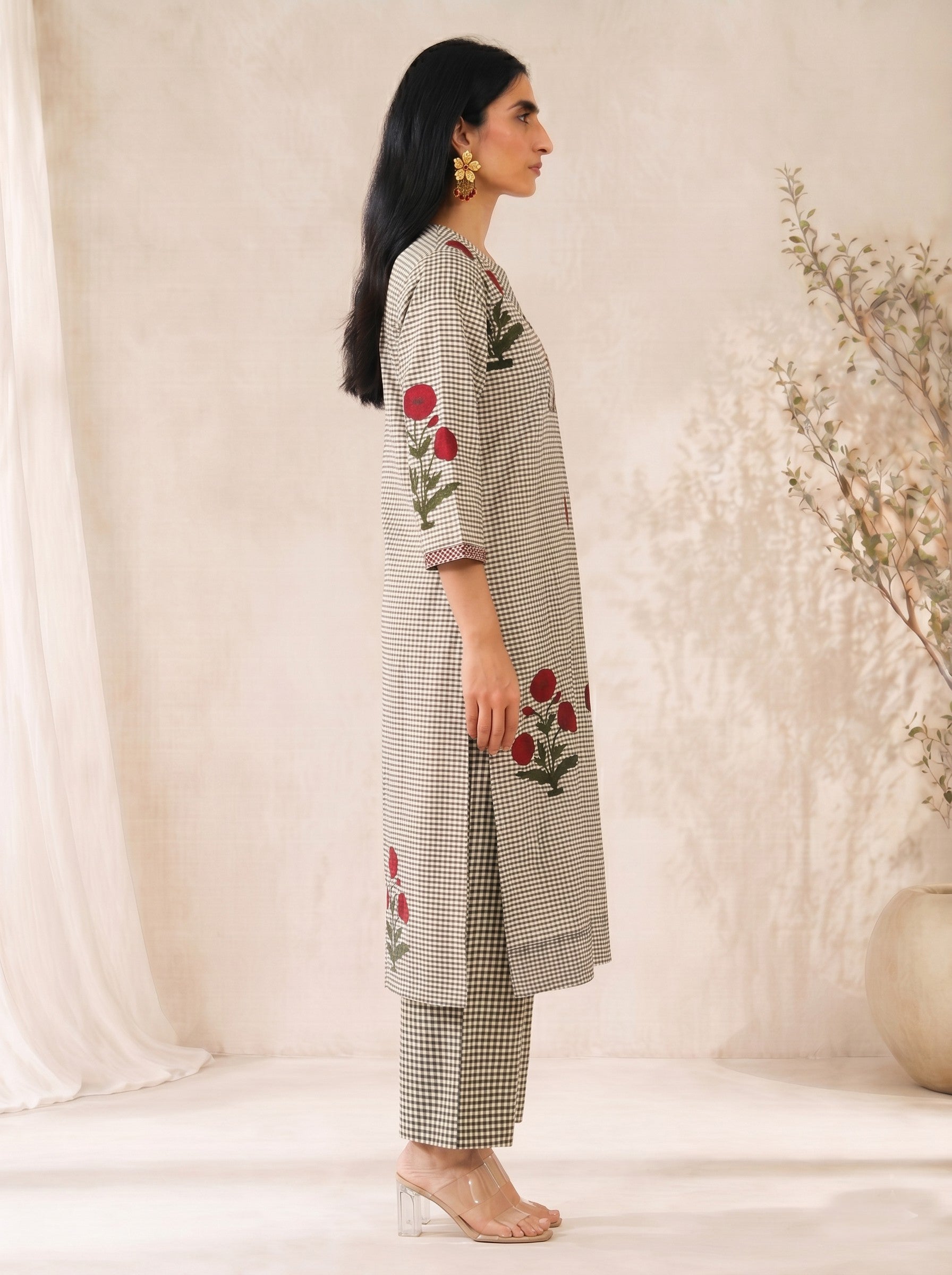 JOYLAND - Grey Checked Red Floral Printed Cotton A-Line Kurta Set with Palazzo.