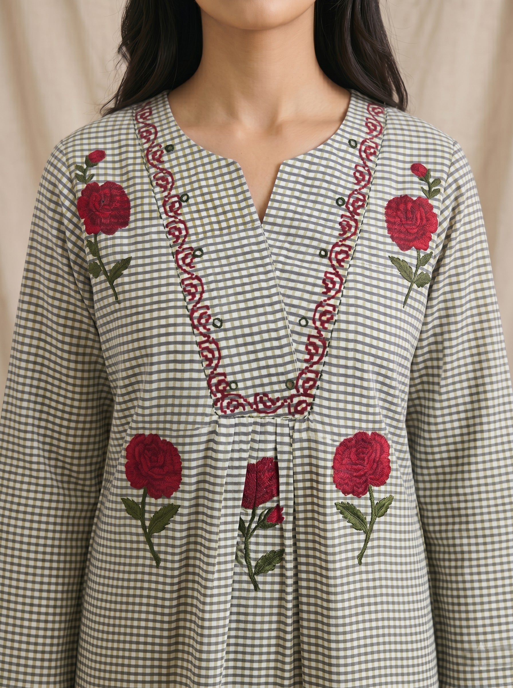 JOYLAND - Grey Checked Red Floral Printed Cotton A-Line Kurta Set with Palazzo.