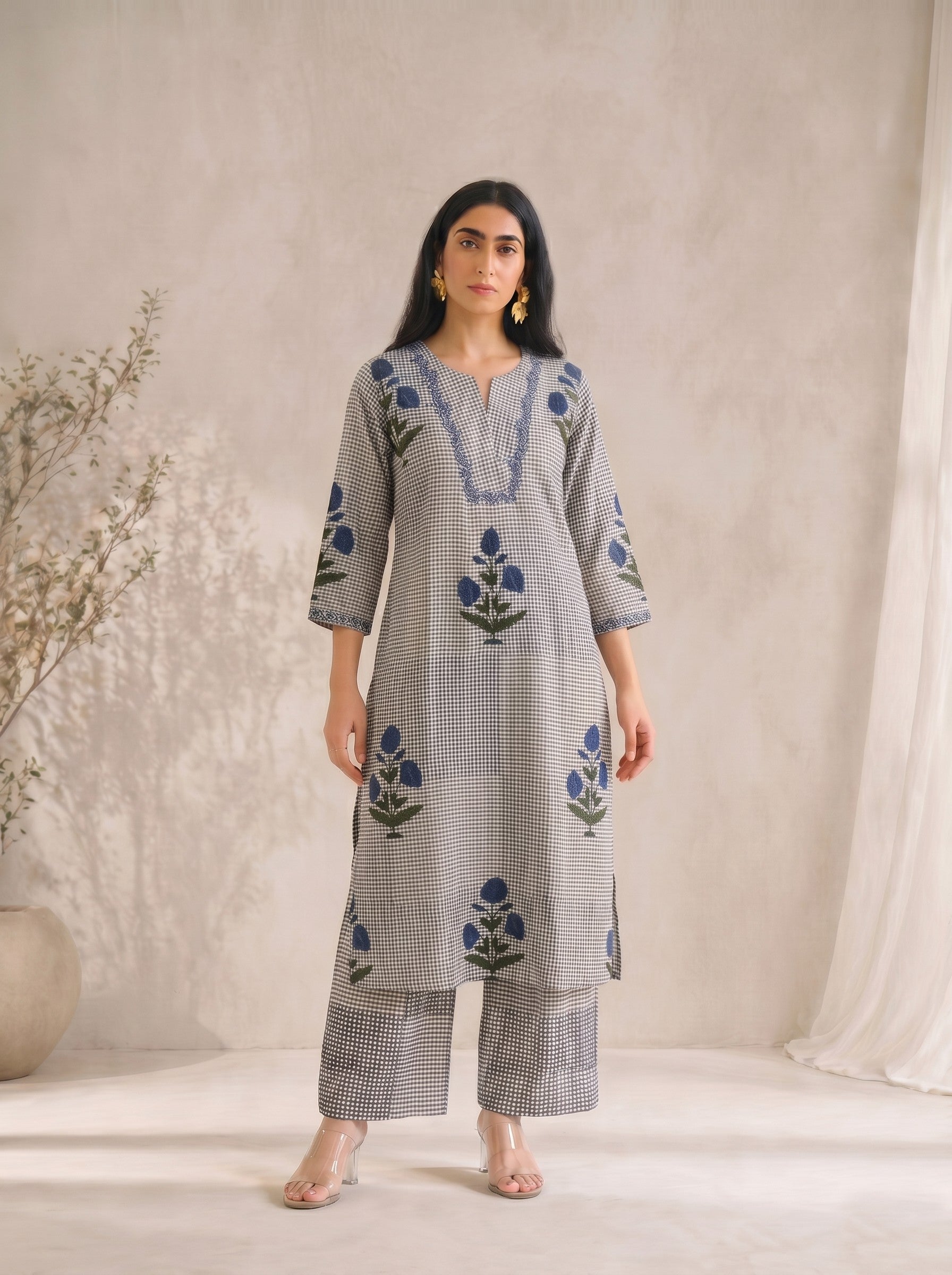 JOYLAND - Grey Checked Blue Floral Printed Cotton A-Line Kurta Set with Palazzo.