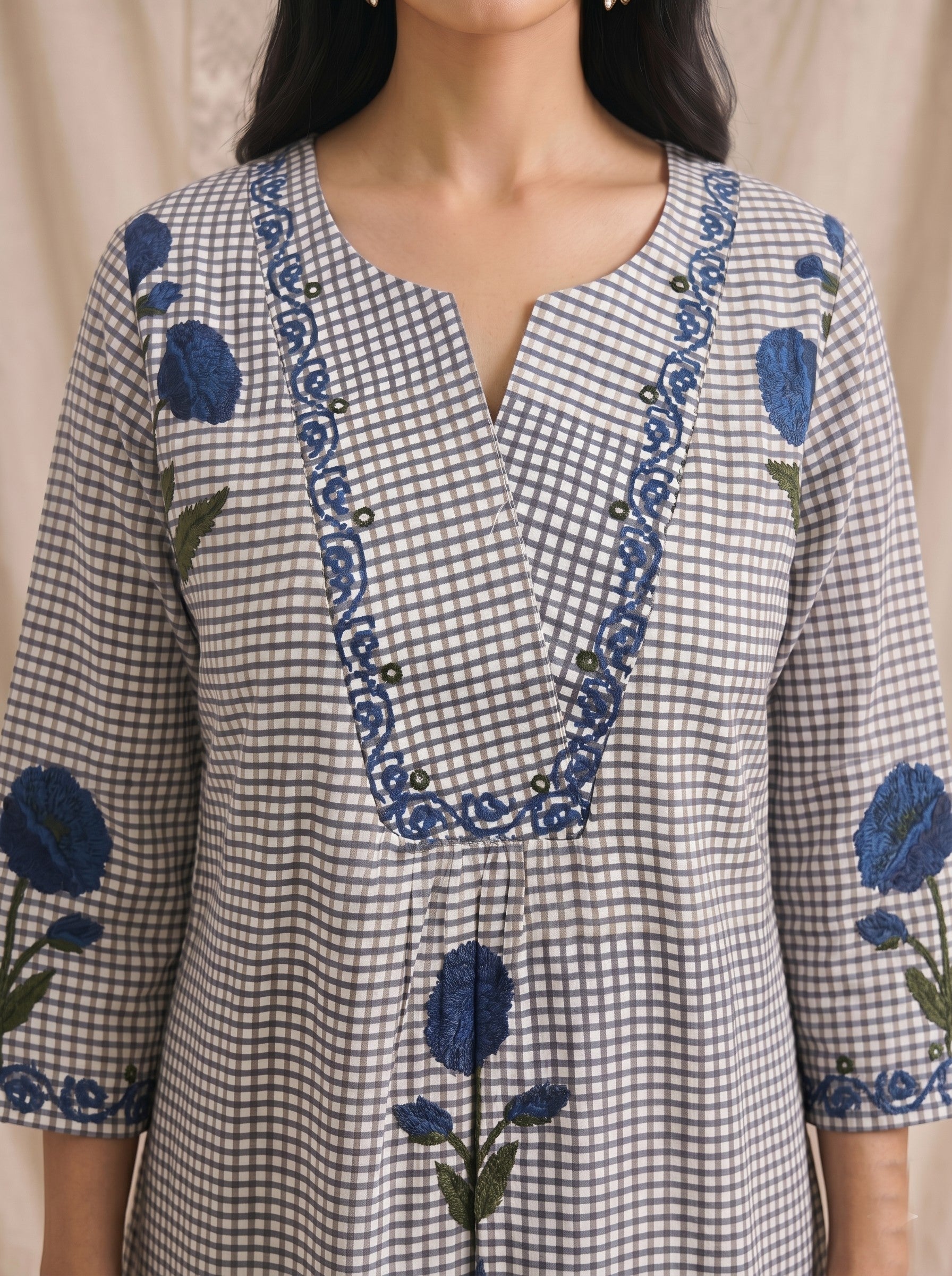 JOYLAND - Grey Checked Blue Floral Printed Cotton A-Line Kurta Set with Palazzo.