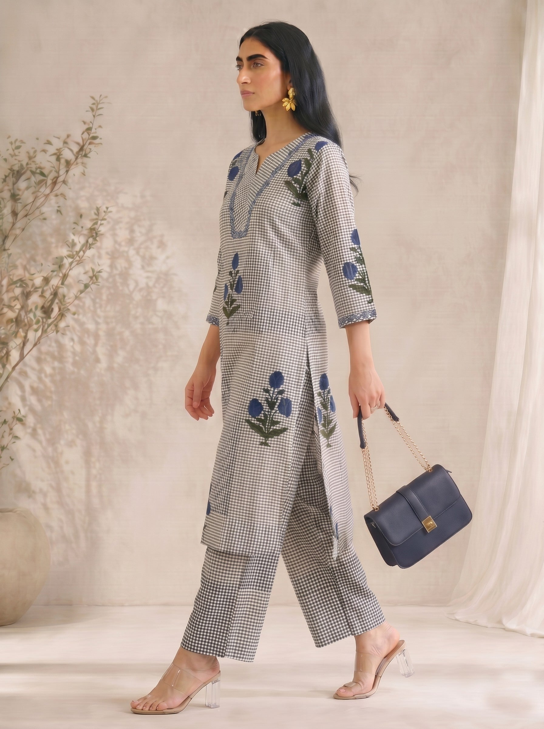JOYLAND - Grey Checked Blue Floral Printed Cotton A-Line Kurta Set with Palazzo.