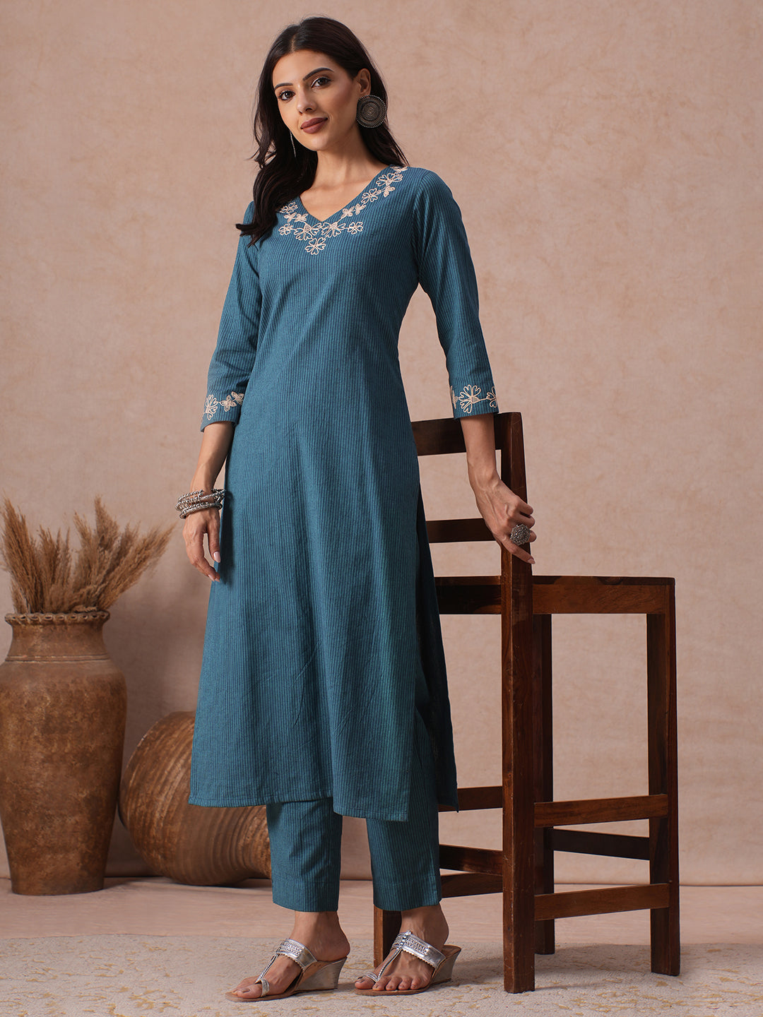 Stripe A-line Cotton Kurta Set with Floral Embroidery on Neckline & Sleeve, Paired with Bottom.