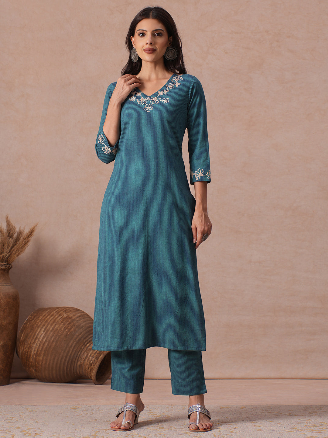 Stripe A-line Cotton Kurta Set with Floral Embroidery on Neckline & Sleeve, Paired with Bottom.