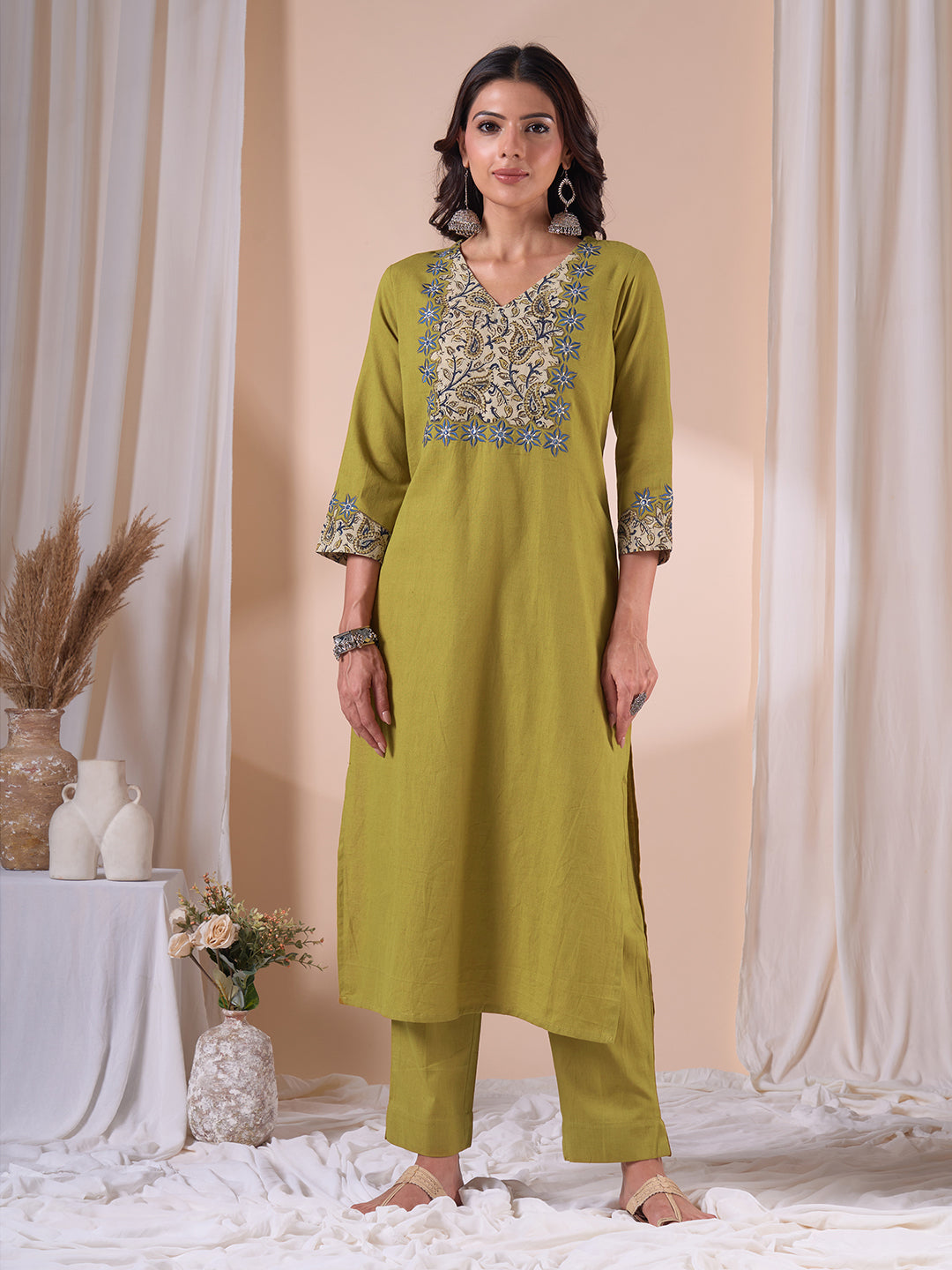 Cotton Straight Fit Kurta Set with Kalamkari Cutwork Yoke and Matching Pants.