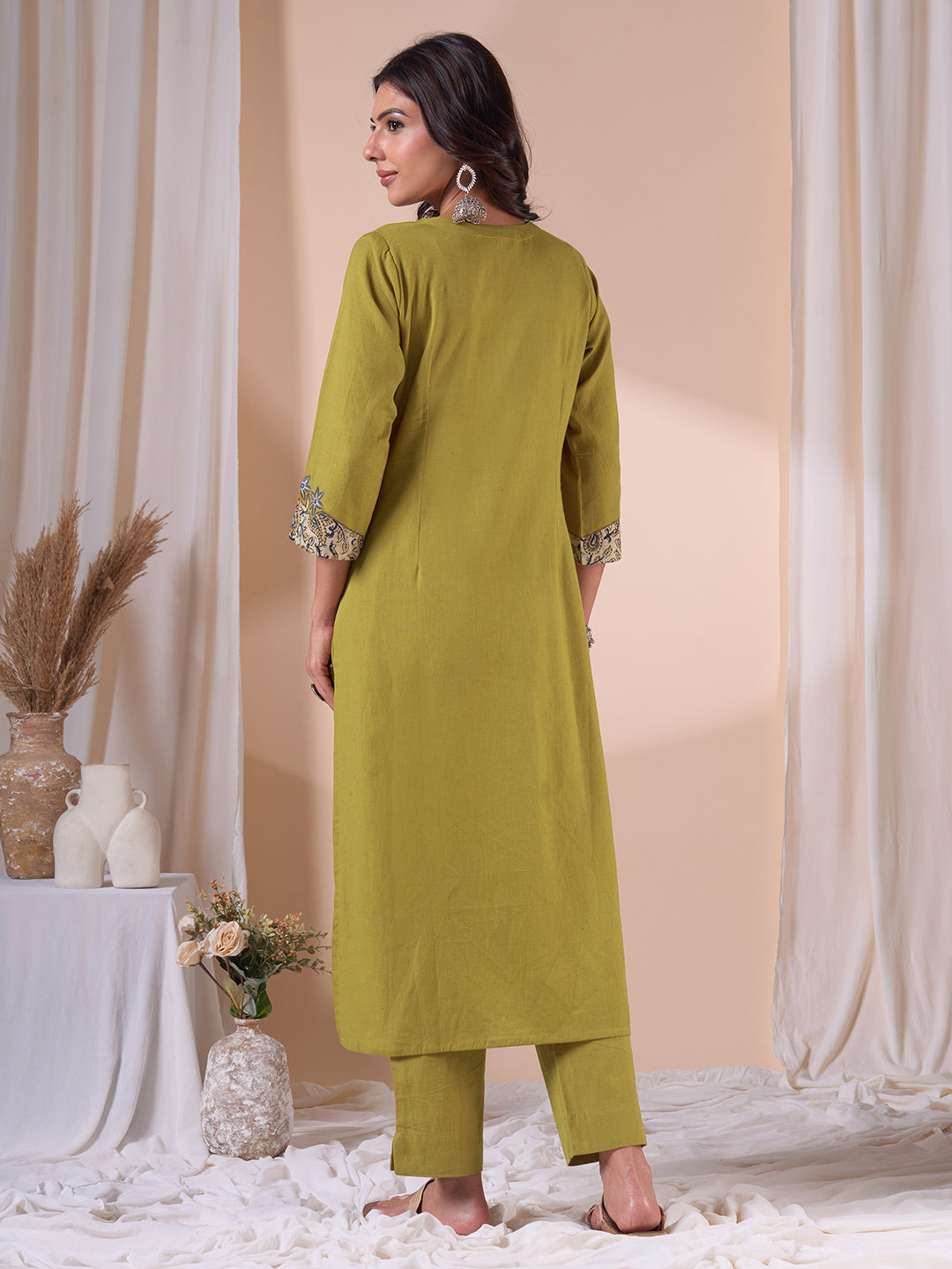 Cotton Straight Fit Kurta Set with Kalamkari Cutwork Yoke and Matching Pants.