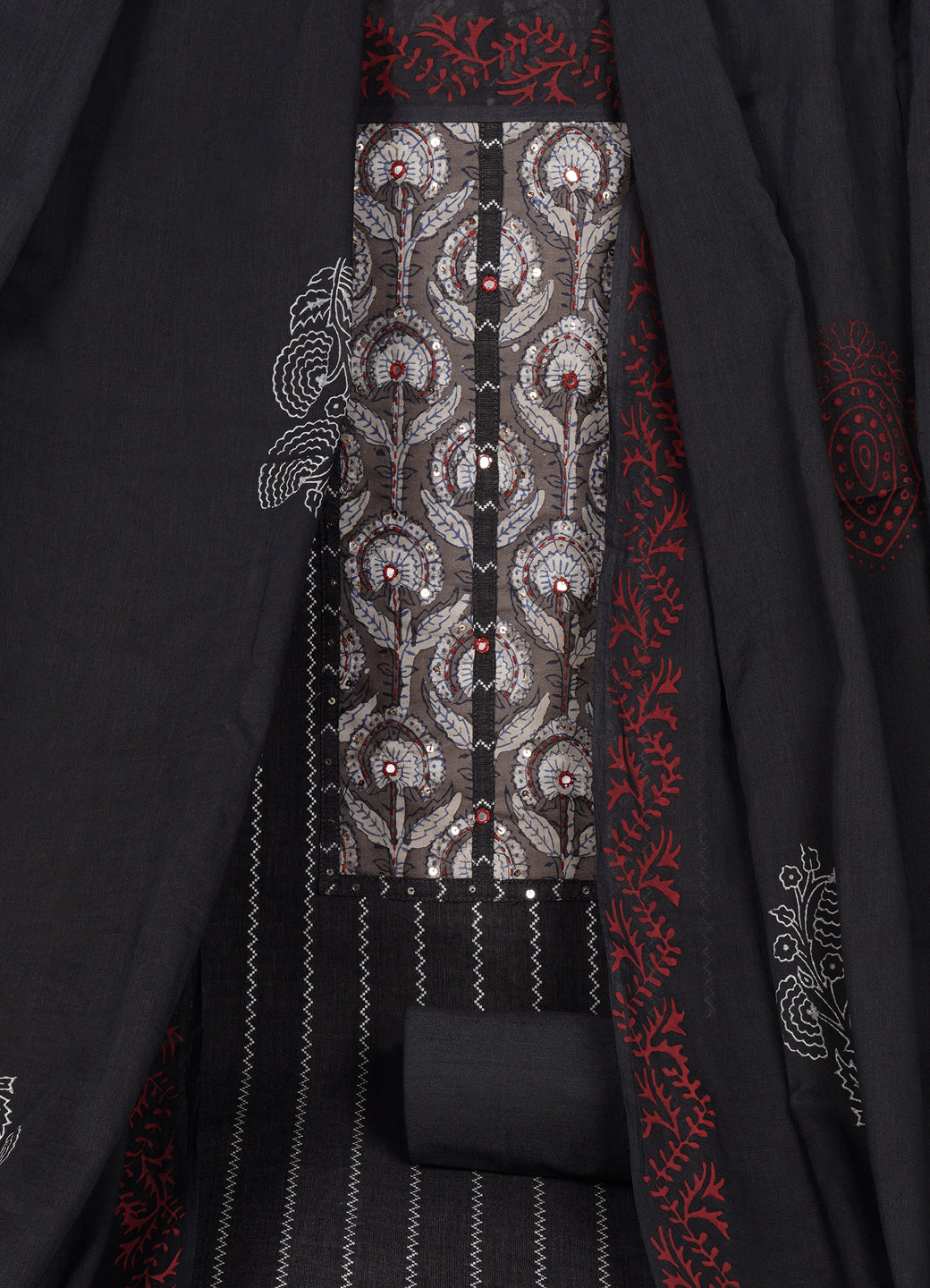 Textured Striped Cotton Dobby Dress Material with Dhabu Print Yoke, Handwork & Printed Dupatta.(Grey)
