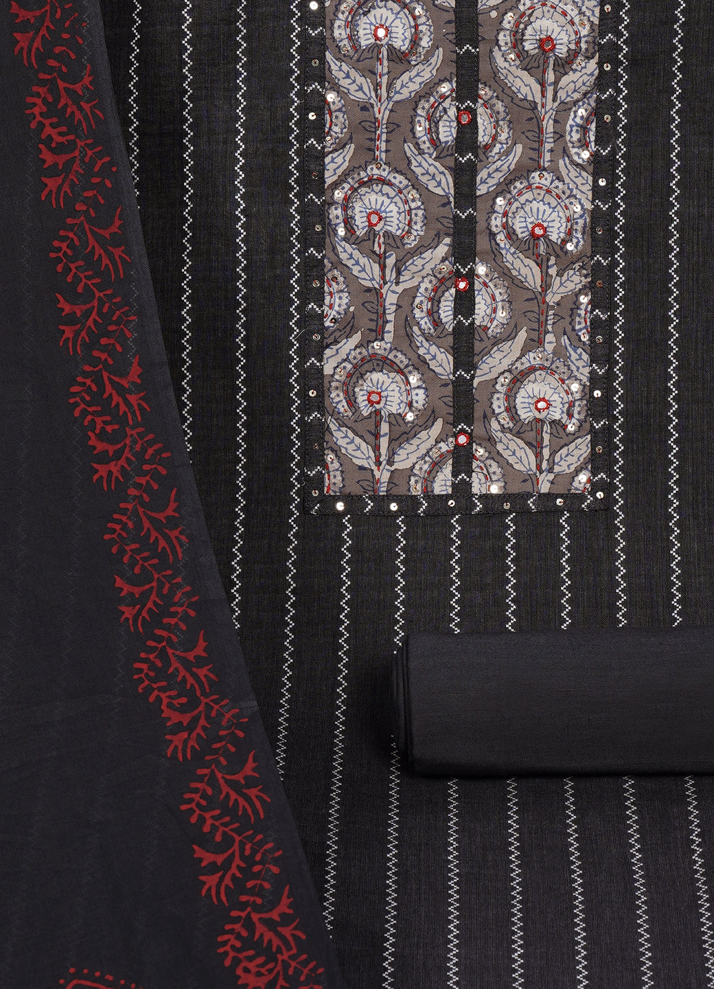 Textured Striped Cotton Dobby Dress Material with Dhabu Print Yoke, Handwork & Printed Dupatta.(Grey)