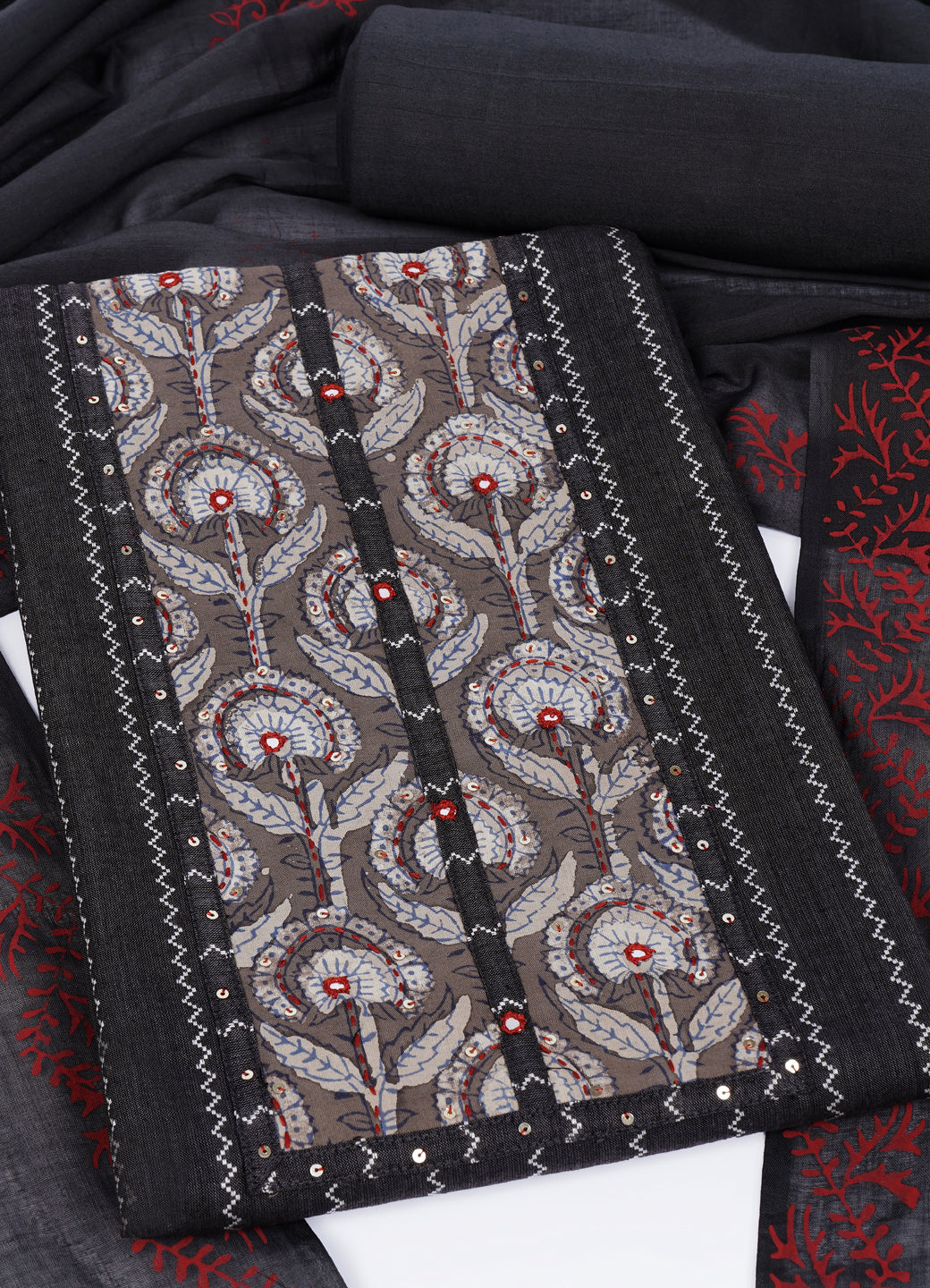 Textured Striped Cotton Dobby Dress Material with Dhabu Print Yoke, Handwork & Printed Dupatta.(Grey)