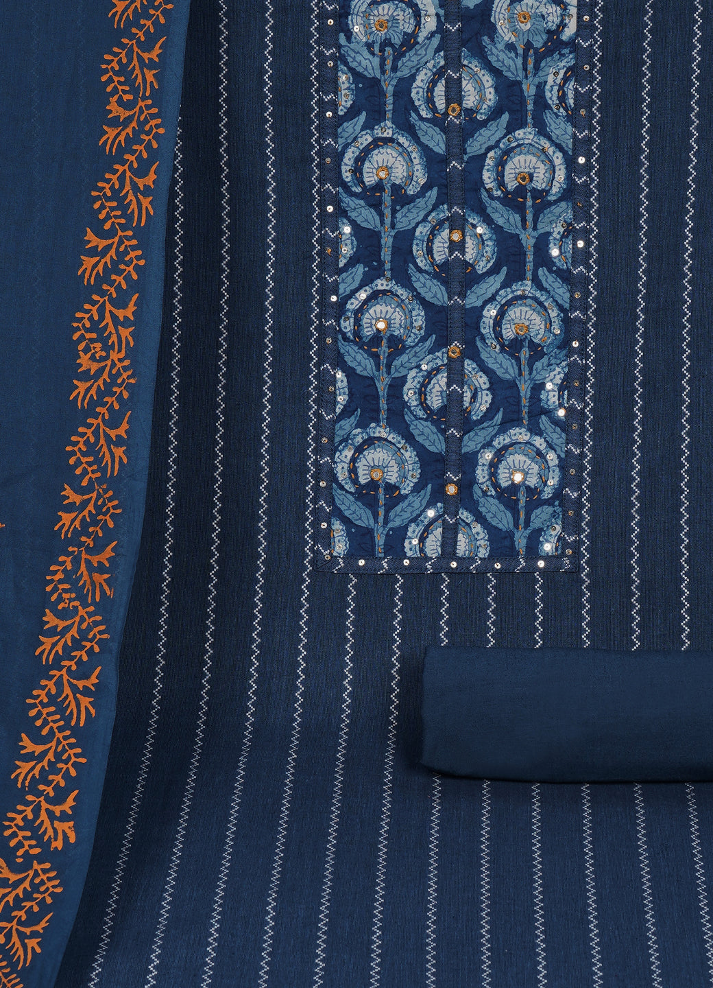 Textured Striped Cotton Dobby Dress Material with Dhabu Print Yoke, Handwork & Printed Dupatta.(Blue)