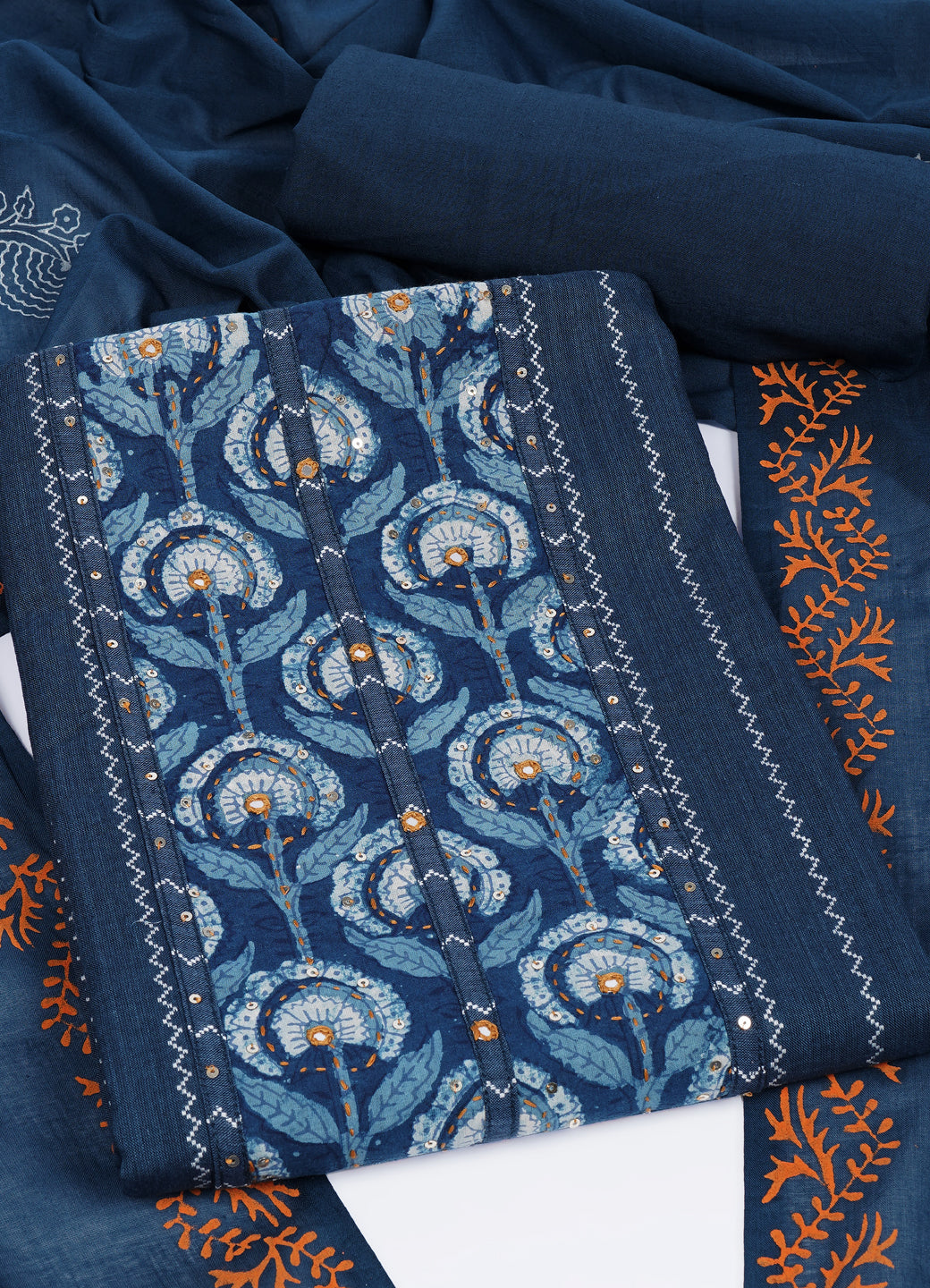 Textured Striped Cotton Dobby Dress Material with Dhabu Print Yoke, Handwork & Printed Dupatta.(Blue)