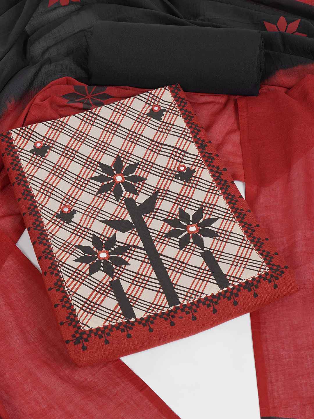 Printed dress material with Contrast Yoke and Dual-Tone Dupatta.(Rust)