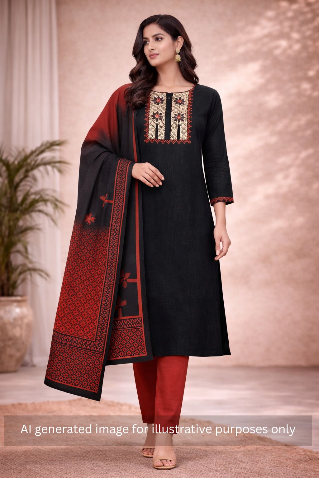 Printed dress material with Contrast Yoke and Dual-Tone Dupatta.(Black)