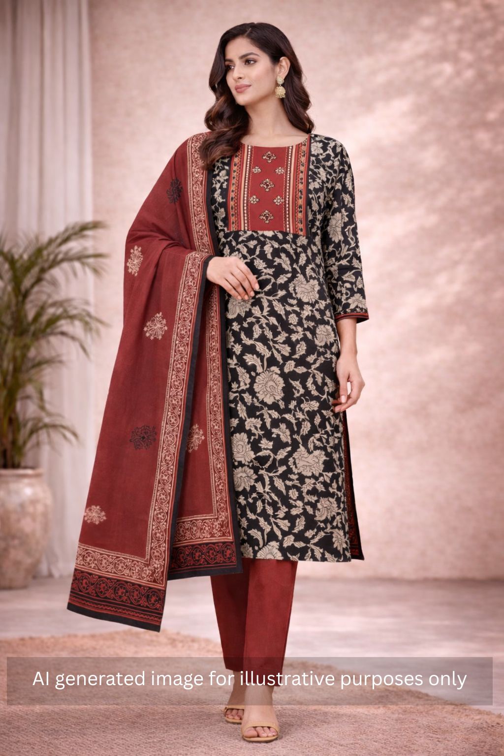 Bagru Floral Printed Dress Material with Embroidered Yoke.(Rust)