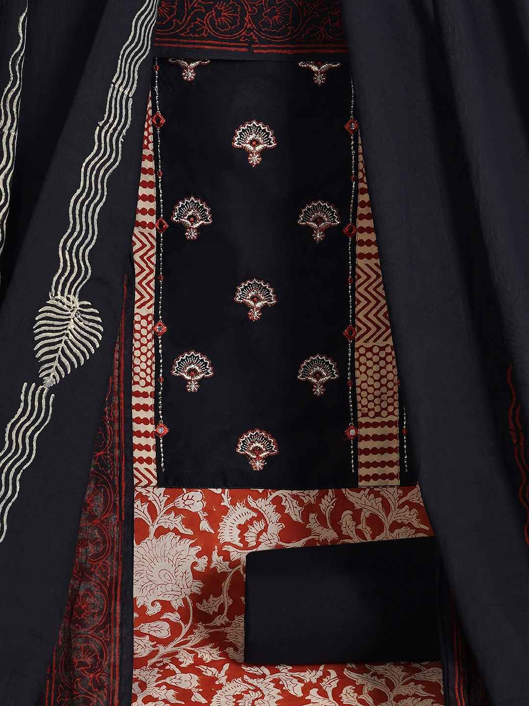 Bagru Floral Printed Dress Material with Embroidered Yoke.(Black)