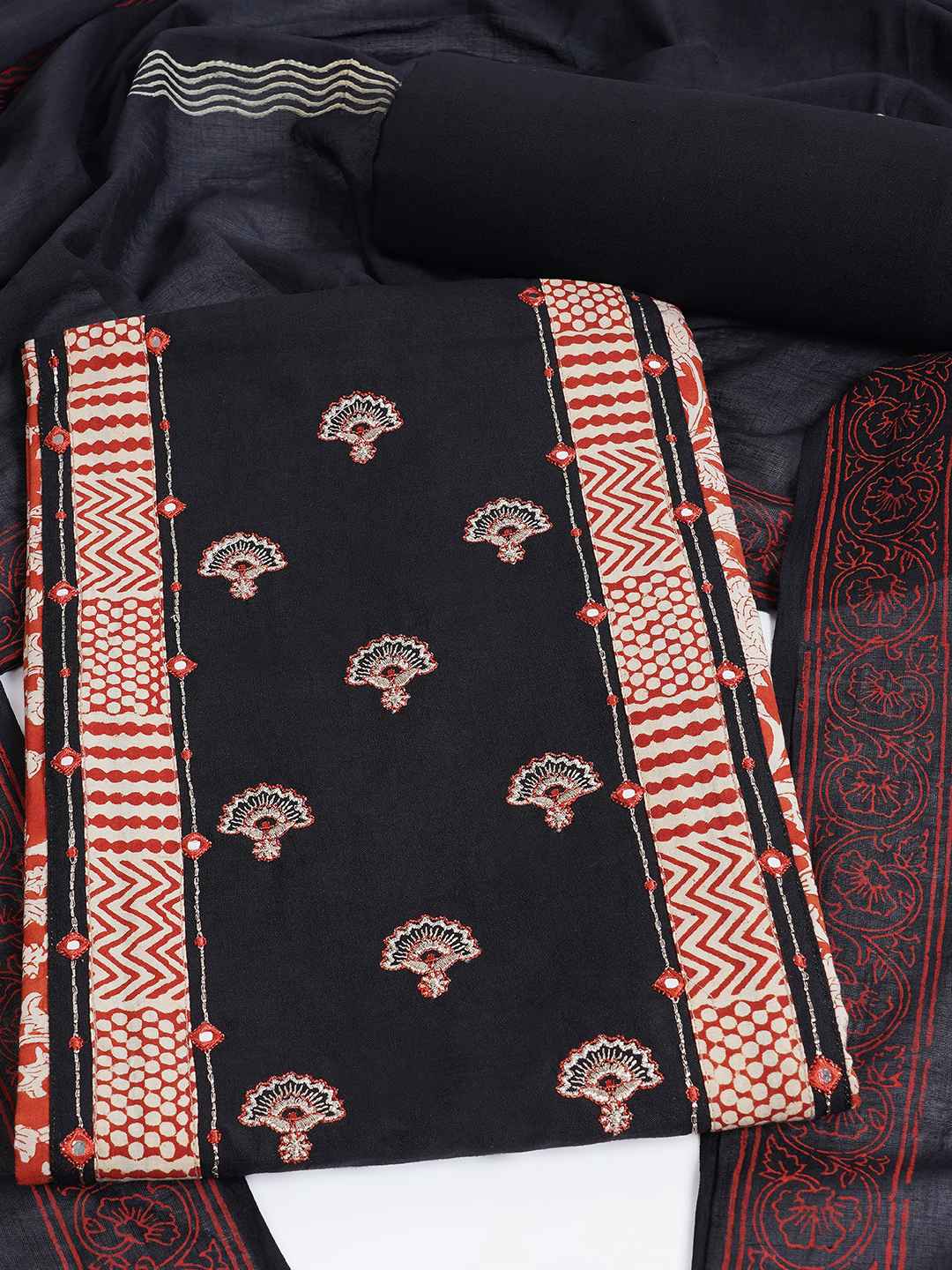 Bagru Floral Printed Dress Material with Embroidered Yoke.(Black)