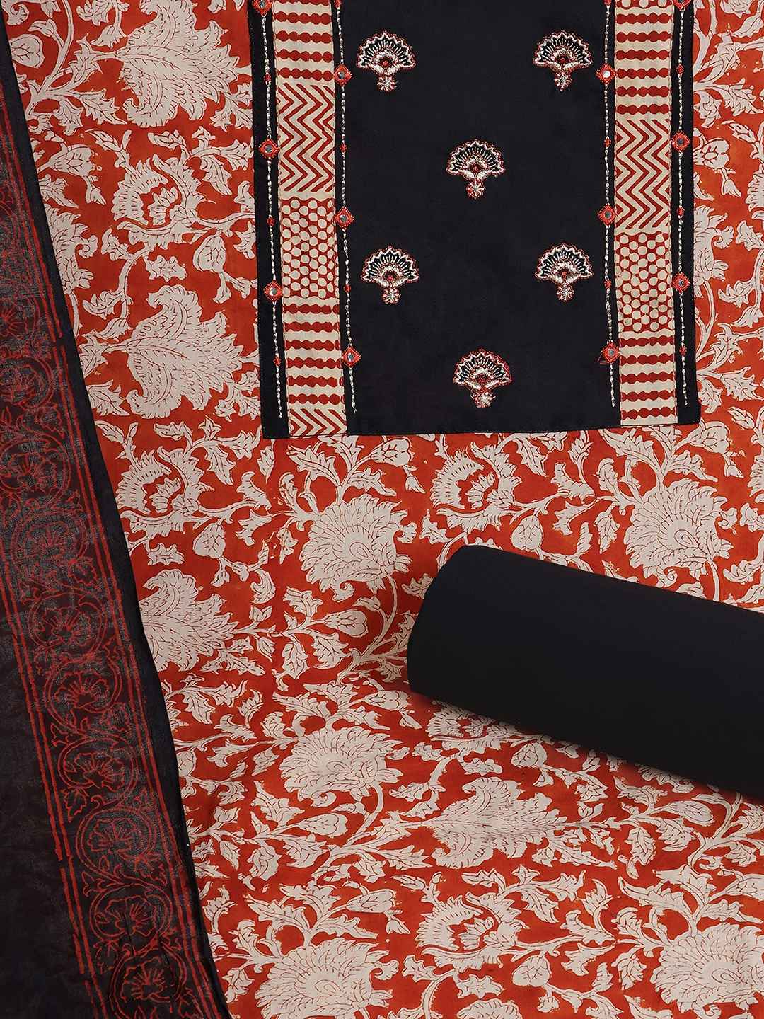 Bagru Floral Printed Dress Material with Embroidered Yoke.(Black)