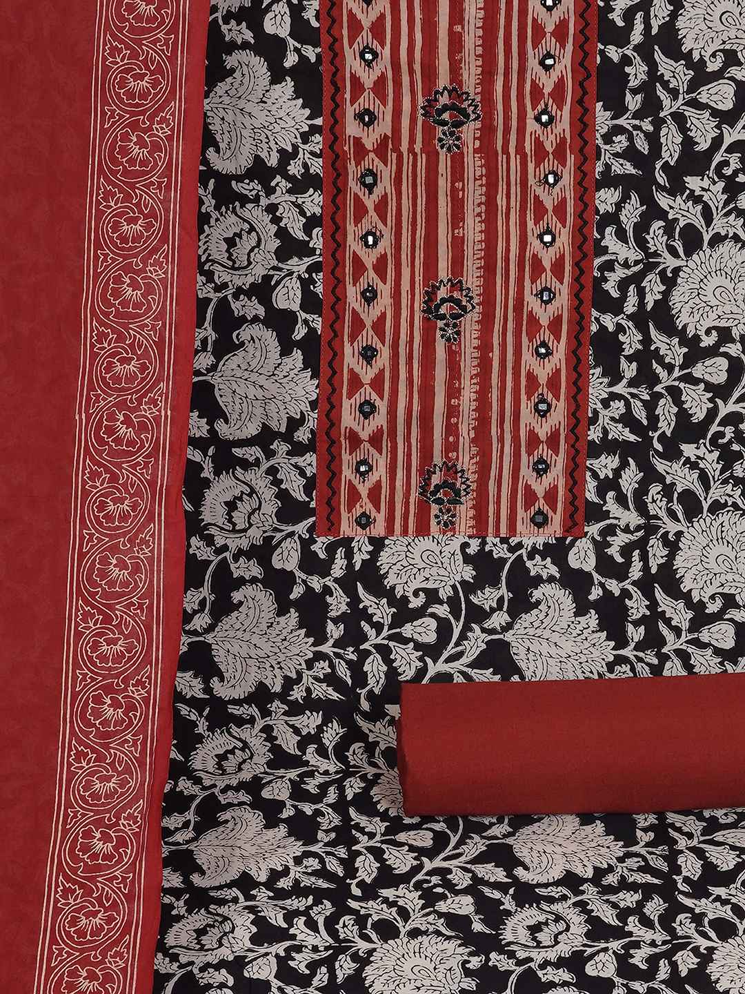 Bagru Floral Printed Dress Material with Mirror Work Yoke.(Black)