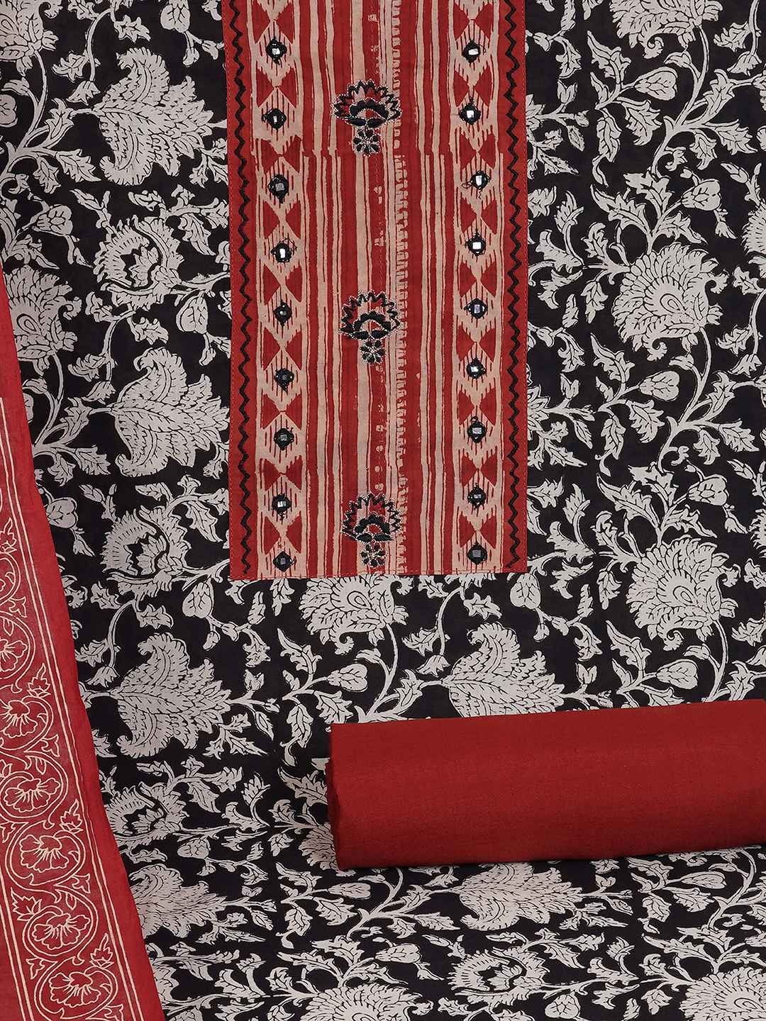 Bagru Floral Printed Dress Material with Mirror Work Yoke.(Black)
