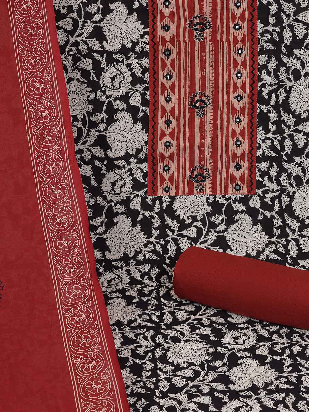 Bagru Floral Printed Dress Material with Mirror Work Yoke.(Black)